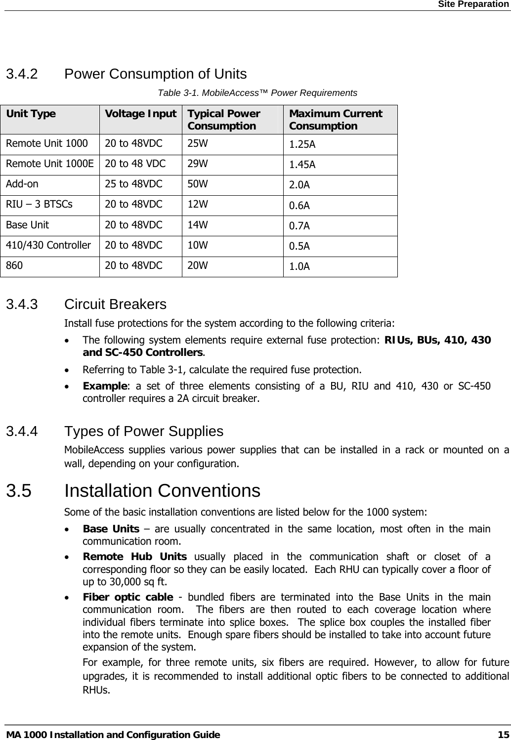 Site Preparation  MA 1000 Installation and Configuration Guide  15  3.4.2  Power Consumption of Units Table  3-1. MobileAccess™ Power Requirements Unit Type  Voltage Input  Typical Power Consumption  Maximum Current Consumption Remote Unit 1000  20 to 48VDC  25W  1.25A Remote Unit 1000E  20 to 48 VDC  29W  1.45A Add-on  25 to 48VDC  50W  2.0A RIU – 3 BTSCs  20 to 48VDC  12W  0.6A Base Unit  20 to 48VDC  14W  0.7A 410/430 Controller  20 to 48VDC  10W  0.5A 860  20 to 48VDC  20W  1.0A 3.4.3 Circuit Breakers Install fuse protections for the system according to the following criteria:  • The following system elements require external fuse protection: RIUs, BUs, 410, 430 and SC-450 Controllers. • Referring to Table  3-1, calculate the required fuse protection.  • Example: a set of three elements consisting of a BU, RIU and 410, 430 or SC-450 controller requires a 2A circuit breaker. 3.4.4  Types of Power Supplies MobileAccess supplies various power supplies that can be installed in a rack or mounted on a wall, depending on your configuration.  3.5 Installation Conventions Some of the basic installation conventions are listed below for the 1000 system: • Base Units – are usually concentrated in the same location, most often in the main communication room.  • Remote Hub Units usually placed in the communication shaft or closet of a corresponding floor so they can be easily located.  Each RHU can typically cover a floor of up to 30,000 sq ft.  • Fiber optic cable - bundled fibers are terminated into the Base Units in the main communication room.  The fibers are then routed to each coverage location where individual fibers terminate into splice boxes.  The splice box couples the installed fiber into the remote units.  Enough spare fibers should be installed to take into account future expansion of the system.   For example, for three remote units, six fibers are required. However, to allow for future upgrades, it is recommended to install additional optic fibers to be connected to additional RHUs.  