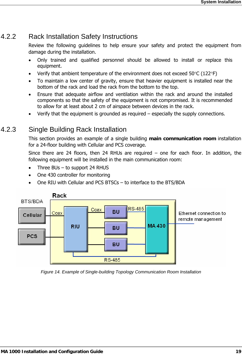 System Installation  MA 1000 Installation and Configuration Guide  19  4.2.2  Rack Installation Safety Instructions Review the following guidelines to help ensure your safety and protect the equipment from damage during the installation. • Only trained and qualified personnel should be allowed to install or replace this equipment. • Verify that ambient temperature of the environment does not exceed 50°C (122°F) • To maintain a low center of gravity, ensure that heavier equipment is installed near the bottom of the rack and load the rack from the bottom to the top.   • Ensure that adequate airflow and ventilation within the rack and around the installed components so that the safety of the equipment is not compromised. It is recommended to allow for at least about 2 cm of airspace between devices in the rack. • Verify that the equipment is grounded as required – especially the supply connections. 4.2.3  Single Building Rack Installation This section provides an example of a single building main communication room installation for a 24-floor building with Cellular and PCS coverage. Since there are 24 floors, then 24 RHUs are required – one for each floor. In addition, the following equipment will be installed in the main communication room: • Three BUs – to support 24 RHUS • One 430 controller for monitoring  • One RIU with Cellular and PCS BTSCs – to interface to the BTS/BDA  Figure 14. Example of Single-building Topology Communication Room Installation 