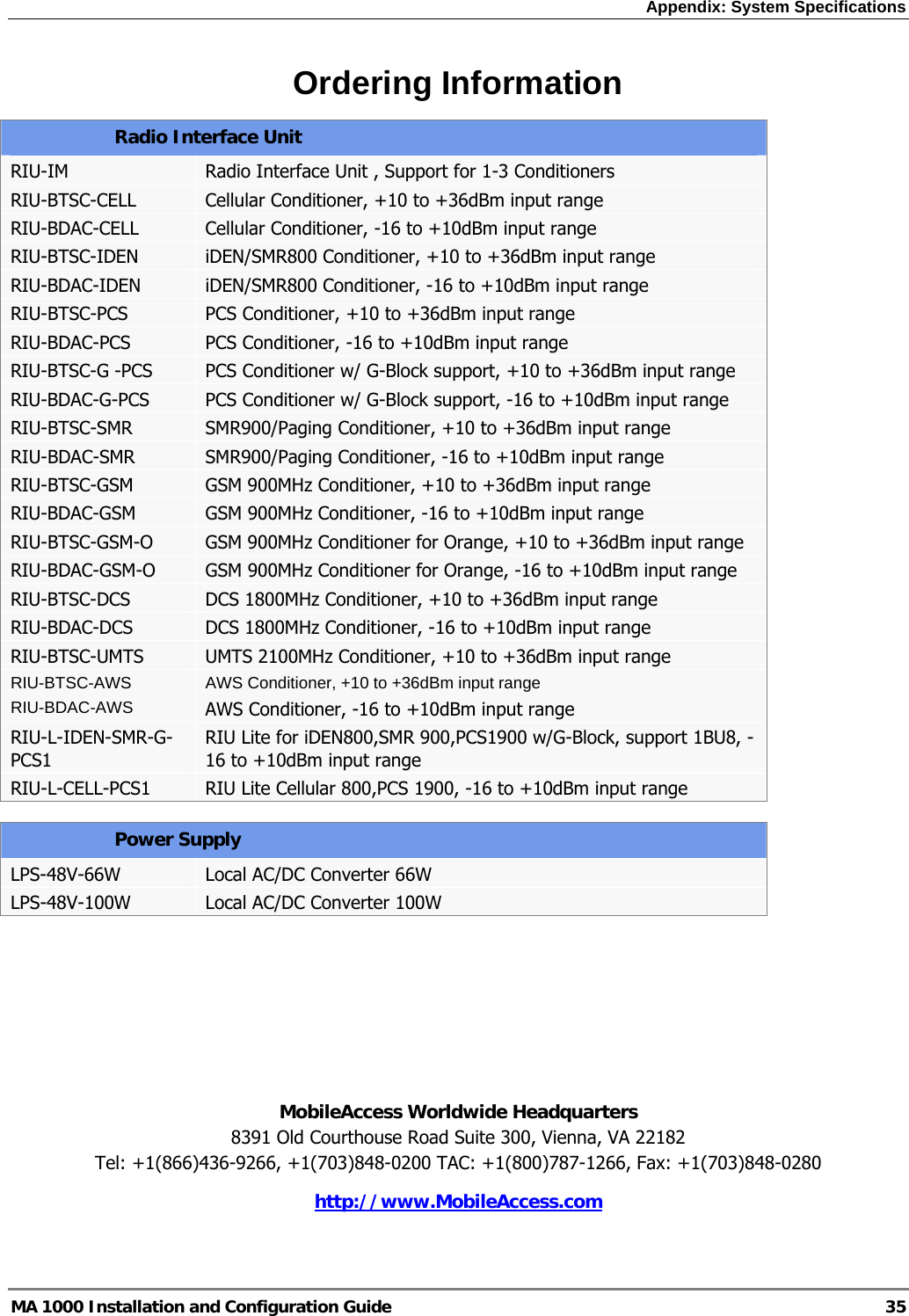 Appendix: System Specifications  MA 1000 Installation and Configuration Guide  35 Ordering Information Radio Interface Unit RIU-IM  Radio Interface Unit , Support for 1-3 Conditioners RIU-BTSC-CELL  Cellular Conditioner, +10 to +36dBm input range RIU-BDAC-CELL  Cellular Conditioner, -16 to +10dBm input range RIU-BTSC-IDEN  iDEN/SMR800 Conditioner, +10 to +36dBm input range RIU-BDAC-IDEN  iDEN/SMR800 Conditioner, -16 to +10dBm input range RIU-BTSC-PCS  PCS Conditioner, +10 to +36dBm input range RIU-BDAC-PCS  PCS Conditioner, -16 to +10dBm input range RIU-BTSC-G -PCS  PCS Conditioner w/ G-Block support, +10 to +36dBm input range RIU-BDAC-G-PCS  PCS Conditioner w/ G-Block support, -16 to +10dBm input range RIU-BTSC-SMR  SMR900/Paging Conditioner, +10 to +36dBm input range RIU-BDAC-SMR  SMR900/Paging Conditioner, -16 to +10dBm input range RIU-BTSC-GSM  GSM 900MHz Conditioner, +10 to +36dBm input range RIU-BDAC-GSM  GSM 900MHz Conditioner, -16 to +10dBm input range RIU-BTSC-GSM-O  GSM 900MHz Conditioner for Orange, +10 to +36dBm input range RIU-BDAC-GSM-O  GSM 900MHz Conditioner for Orange, -16 to +10dBm input range RIU-BTSC-DCS  DCS 1800MHz Conditioner, +10 to +36dBm input range RIU-BDAC-DCS  DCS 1800MHz Conditioner, -16 to +10dBm input range RIU-BTSC-UMTS  UMTS 2100MHz Conditioner, +10 to +36dBm input range RIU-BTSC-AWS RIU-BDAC-AWS AWS Conditioner, +10 to +36dBm input range AWS Conditioner, -16 to +10dBm input range RIU-L-IDEN-SMR-G-PCS1 RIU Lite for iDEN800,SMR 900,PCS1900 w/G-Block, support 1BU8, -16 to +10dBm input range RIU-L-CELL-PCS1  RIU Lite Cellular 800,PCS 1900, -16 to +10dBm input range Power Supply LPS-48V-66W  Local AC/DC Converter 66W  LPS-48V-100W  Local AC/DC Converter 100W        MobileAccess Worldwide Headquarters 8391 Old Courthouse Road Suite 300, Vienna, VA 22182 Tel: +1(866)436-9266, +1(703)848-0200 TAC: +1(800)787-1266, Fax: +1(703)848-0280 http://www.MobileAccess.com 