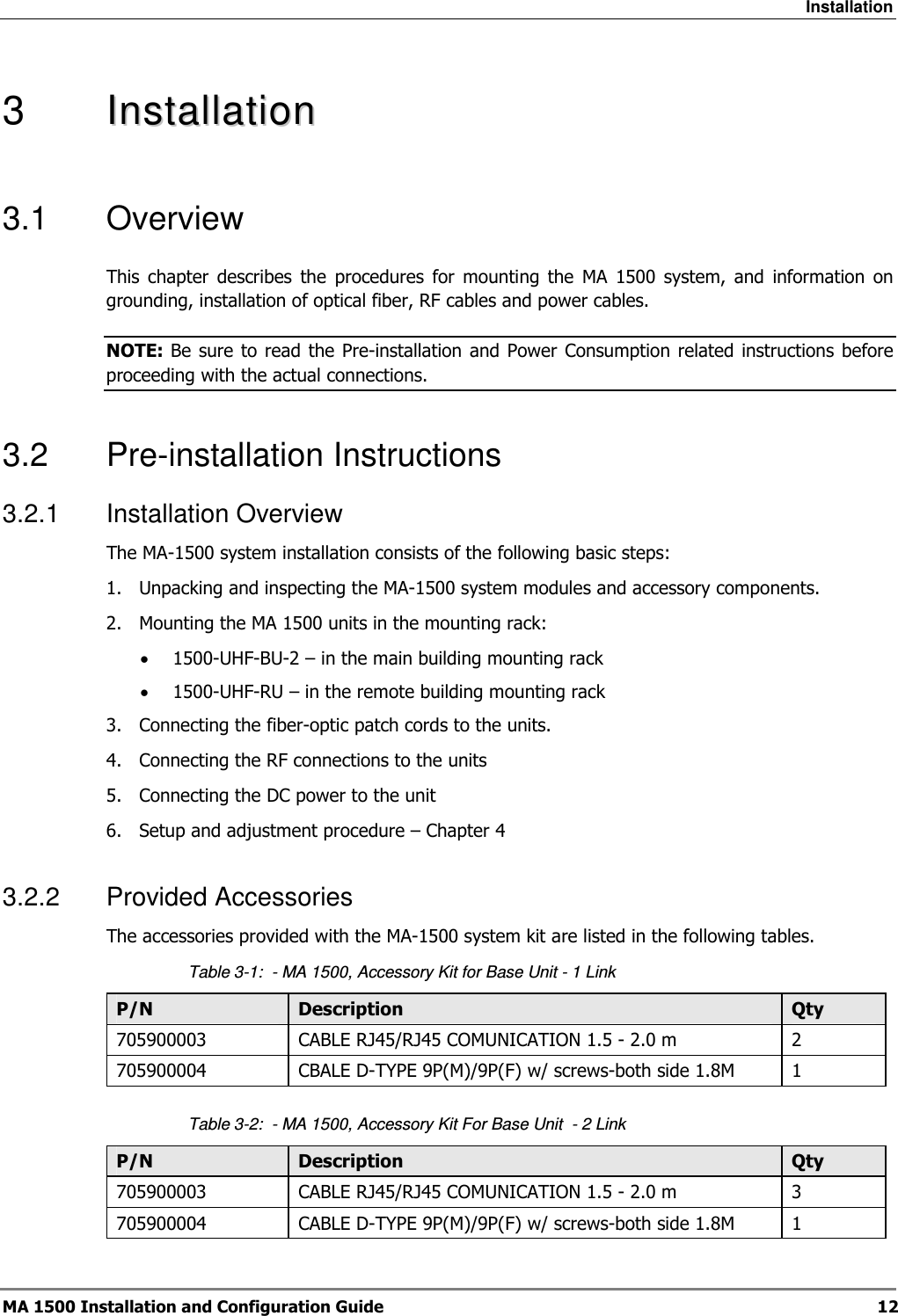 Installation  MA 1500 Installation and Configuration Guide  12  3   IInnssttaallllaattiioonn  3.1  Overview This  chapter  describes  the  procedures  for  mounting  the  MA  1500  system,  and  information  on grounding, installation of optical fiber, RF cables and power cables. NOTE: Be sure to read  the Pre-installation  and  Power Consumption  related instructions  before proceeding with the actual connections.  3.2  Pre-installation Instructions 3.2.1  Installation Overview The MA-1500 system installation consists of the following basic steps: 1.  Unpacking and inspecting the MA-1500 system modules and accessory components. 2.  Mounting the MA 1500 units in the mounting rack:  • 1500-UHF-BU-2 – in the main building mounting rack • 1500-UHF-RU – in the remote building mounting rack 3.  Connecting the fiber-optic patch cords to the units. 4.  Connecting the RF connections to the units 5.  Connecting the DC power to the unit 6.  Setup and adjustment procedure – Chapter 4 3.2.2  Provided Accessories The accessories provided with the MA-1500 system kit are listed in the following tables. Table  3-1:  - MA 1500, Accessory Kit for Base Unit - 1 Link   P/N  Description  Qty 705900003  CABLE RJ45/RJ45 COMUNICATION 1.5 - 2.0 m  2 705900004  CBALE D-TYPE 9P(M)/9P(F) w/ screws-both side 1.8M  1  Table  3-2:  - MA 1500, Accessory Kit For Base Unit  - 2 Link   P/N  Description  Qty 705900003  CABLE RJ45/RJ45 COMUNICATION 1.5 - 2.0 m  3 705900004  CABLE D-TYPE 9P(M)/9P(F) w/ screws-both side 1.8M  1 