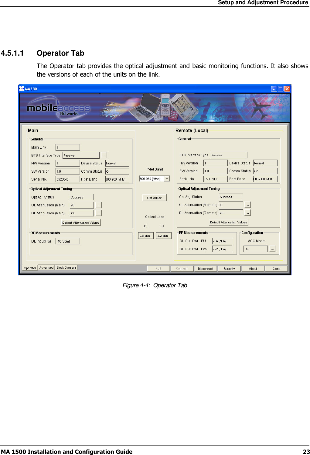 Setup and Adjustment Procedure  MA 1500 Installation and Configuration Guide  23   4.5.1.1  Operator Tab The Operator tab provides the optical adjustment and basic monitoring functions. It also shows the versions of each of the units on the link.  Figure  4-4:  Operator Tab 