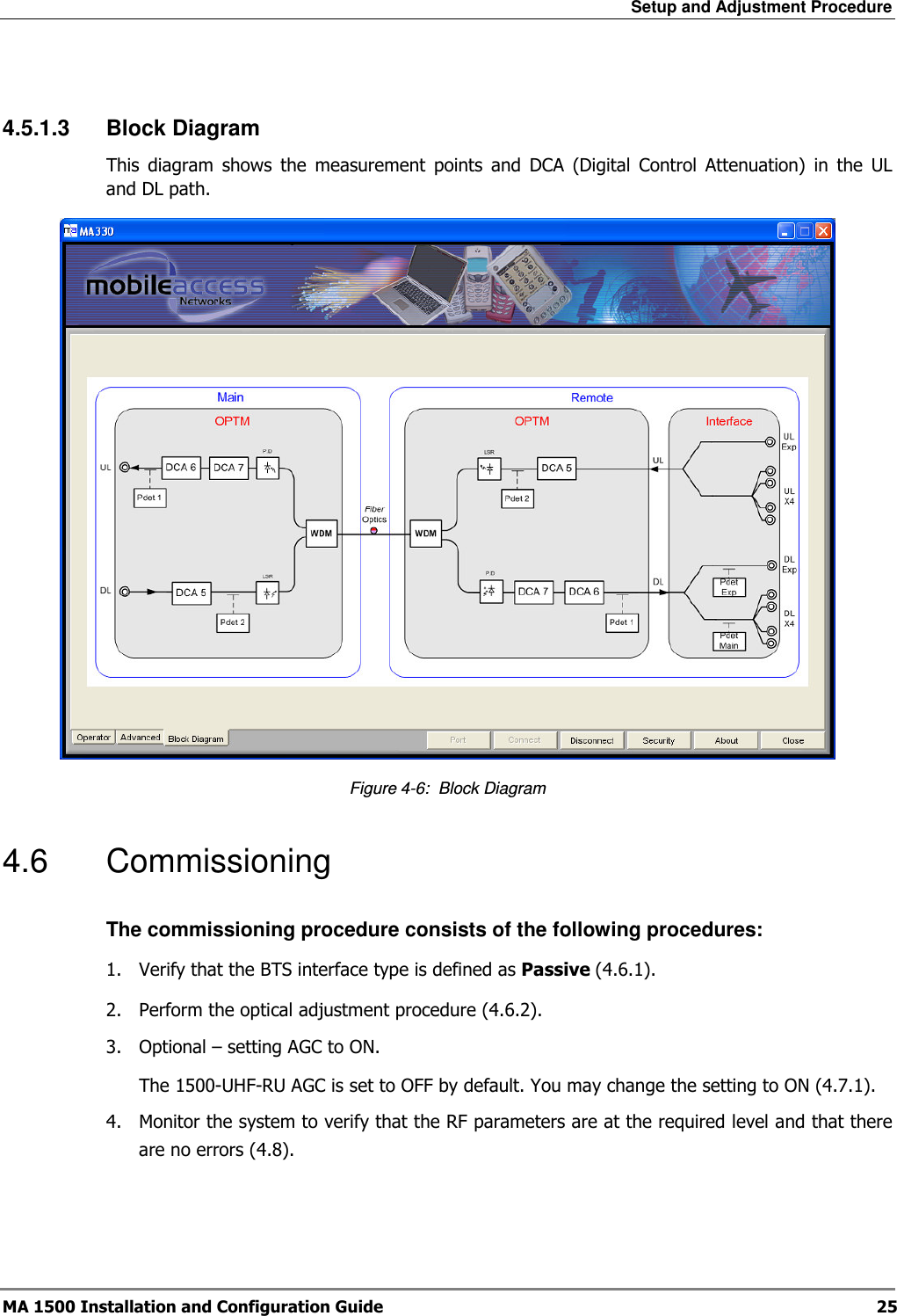 Setup and Adjustment Procedure  MA 1500 Installation and Configuration Guide  25  4.5.1.3  Block Diagram This  diagram  shows  the  measurement  points  and  DCA  (Digital  Control  Attenuation)  in  the  UL and DL path.   Figure  4-6:  Block Diagram 4.6  Commissioning The commissioning procedure consists of the following procedures: 1.  Verify that the BTS interface type is defined as Passive ( 4.6.1). 2.  Perform the optical adjustment procedure ( 4.6.2). 3.  Optional – setting AGC to ON. The 1500-UHF-RU AGC is set to OFF by default. You may change the setting to ON ( 4.7.1). 4.  Monitor the system to verify that the RF parameters are at the required level and that there are no errors ( 4.8).   