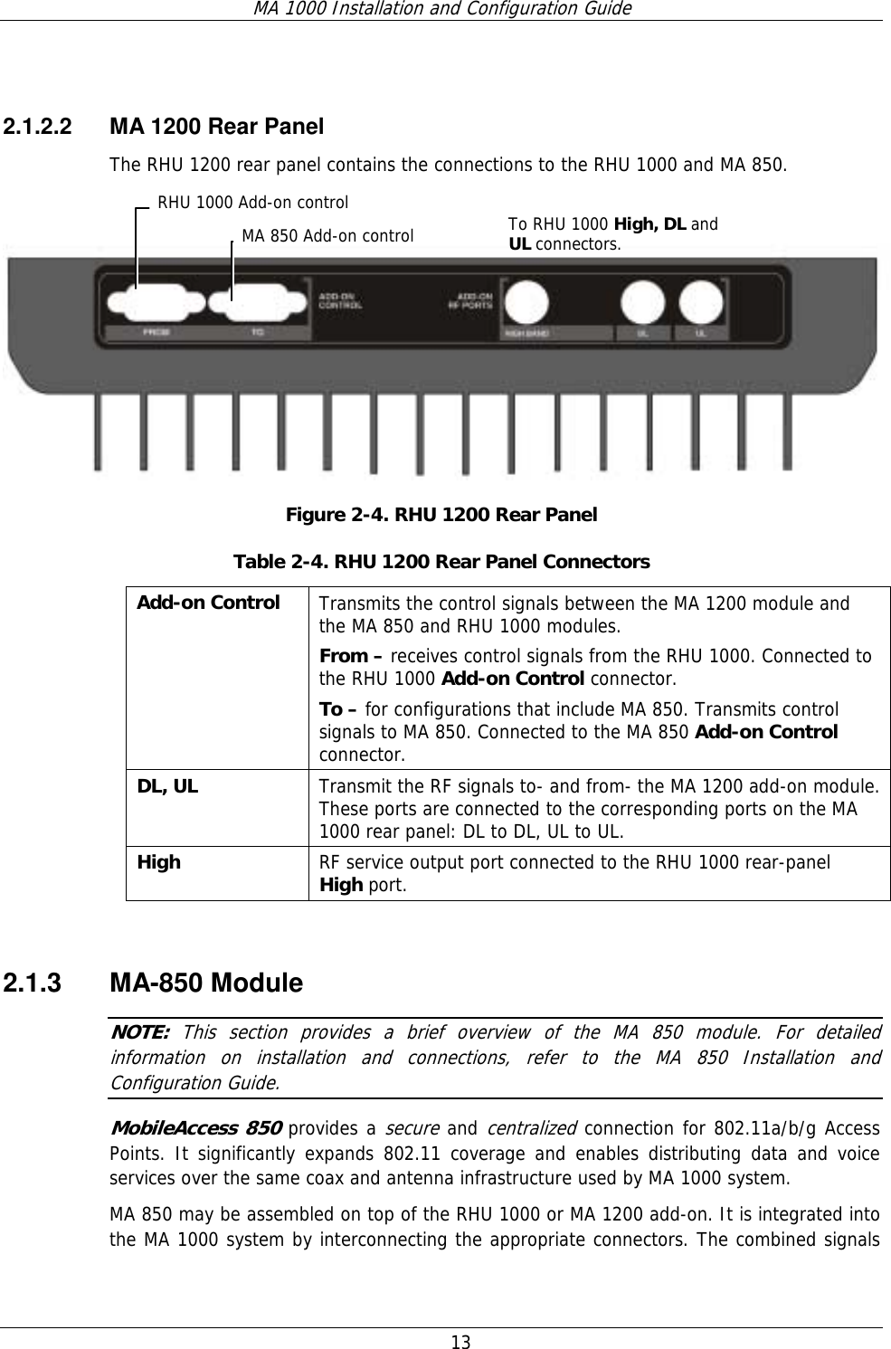 MA 1000 Installation and Configuration Guide  13  2.1.2.2  MA 1200 Rear Panel The RHU 1200 rear panel contains the connections to the RHU 1000 and MA 850.    Figure  2-4. RHU 1200 Rear Panel Table  2-4. RHU 1200 Rear Panel Connectors Add-on Control   Transmits the control signals between the MA 1200 module and the MA 850 and RHU 1000 modules.  From – receives control signals from the RHU 1000. Connected to the RHU 1000 Add-on Control connector. To – for configurations that include MA 850. Transmits control signals to MA 850. Connected to the MA 850 Add-on Control connector. DL, UL  Transmit the RF signals to- and from- the MA 1200 add-on module. These ports are connected to the corresponding ports on the MA 1000 rear panel: DL to DL, UL to UL. High  RF service output port connected to the RHU 1000 rear-panel High port.  2.1.3 MA-850 Module NOTE:  This section provides a brief overview of the MA 850 module. For detailed information on installation and connections, refer to the MA 850 Installation and Configuration Guide. MobileAccess 850 provides a secure and centralized connection for 802.11a/b/g Access Points. It significantly expands 802.11 coverage and enables distributing data and voice services over the same coax and antenna infrastructure used by MA 1000 system.  MA 850 may be assembled on top of the RHU 1000 or MA 1200 add-on. It is integrated into the MA 1000 system by interconnecting the appropriate connectors. The combined signals RHU 1000 Add-on controlMA 850 Add-on control To RHU 1000 High, DL and UL connectors. 