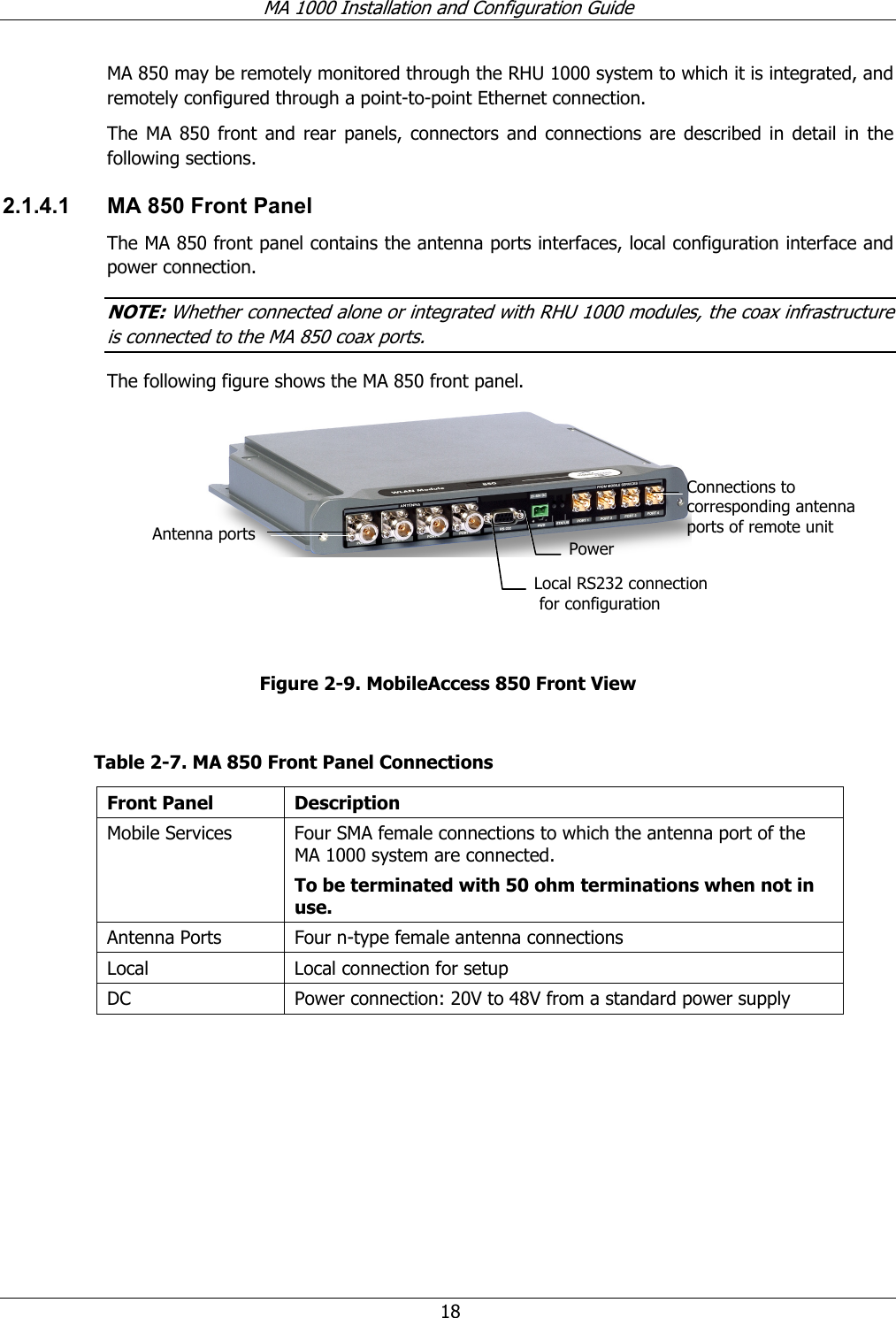 MA 1000 Installation and Configuration Guide  18 MA 850 may be remotely monitored through the RHU 1000 system to which it is integrated, and remotely configured through a point-to-point Ethernet connection. The MA 850 front and rear panels, connectors and connections are described in detail in the following sections. 2.1.4.1  MA 850 Front Panel The MA 850 front panel contains the antenna ports interfaces, local configuration interface and power connection. NOTE: Whether connected alone or integrated with RHU 1000 modules, the coax infrastructure is connected to the MA 850 coax ports. The following figure shows the MA 850 front panel.    Figure  2-9. MobileAccess 850 Front View  Table  2-7. MA 850 Front Panel Connections Front Panel  Description Mobile Services  Four SMA female connections to which the antenna port of the MA 1000 system are connected.    To be terminated with 50 ohm terminations when not in use. Antenna Ports  Four n-type female antenna connections Local  Local connection for setup DC  Power connection: 20V to 48V from a standard power supply  Antenna ports Connections to corresponding antenna ports of remote unit Local RS232 connection  for configuration Power