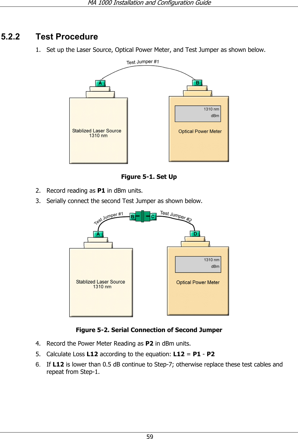 MA 1000 Installation and Configuration Guide  59 5.2.2 Test Procedure 1. Set up the Laser Source, Optical Power Meter, and Test Jumper as shown below.   Figure  5-1. Set Up 2. Record reading as P1 in dBm units.  3. Serially connect the second Test Jumper as shown below.  Figure  5-2. Serial Connection of Second Jumper 4. Record the Power Meter Reading as P2 in dBm units.  5. Calculate Loss L12 according to the equation: L12 = P1 - P2  6.  If L12 is lower than 0.5 dB continue to Step-7; otherwise replace these test cables and repeat from Step-1. 