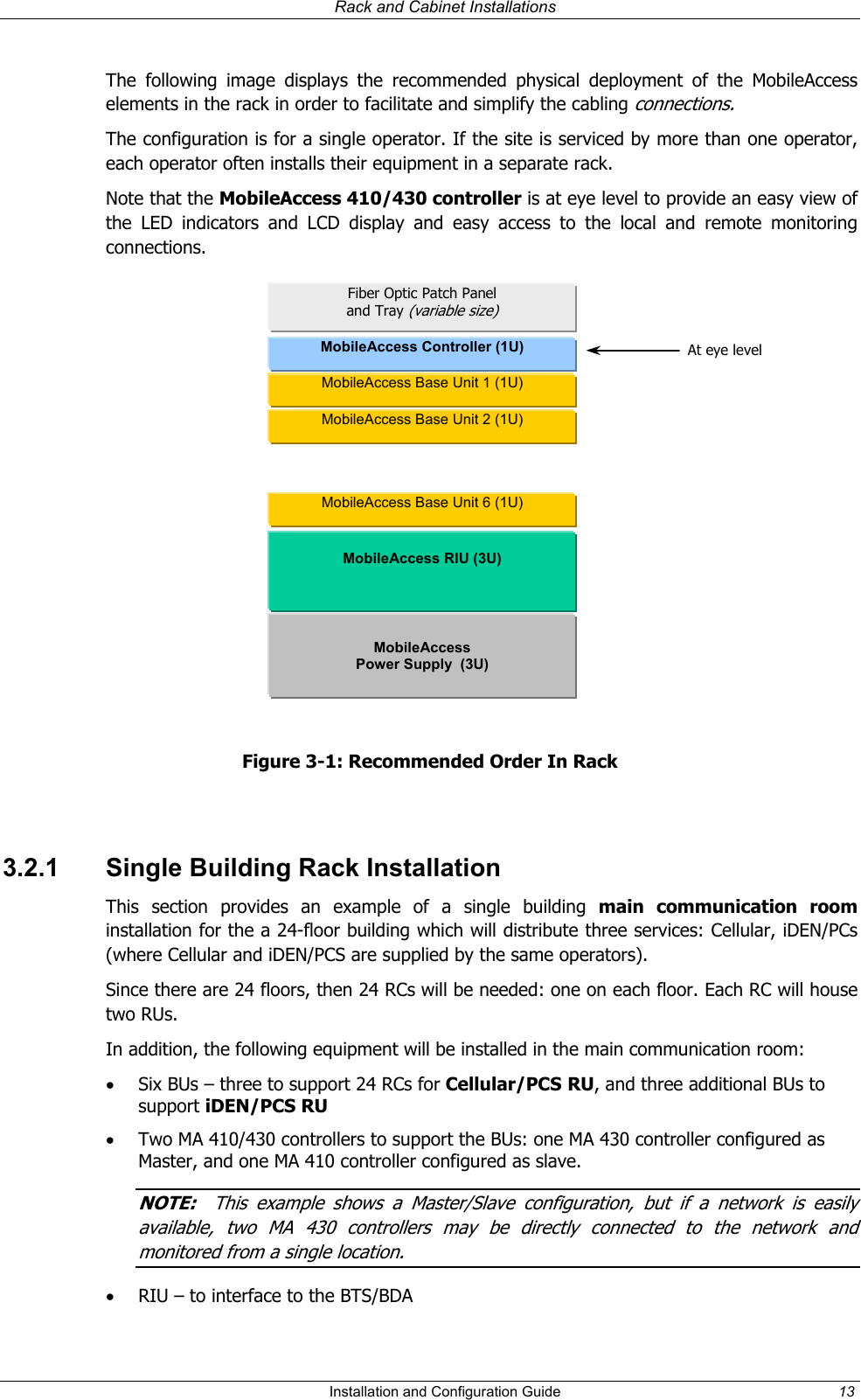  Rack and Cabinet Installations  The following image displays the recommended physical deployment of the MobileAccess elements in the rack in order to facilitate and simplify the cabling connections.   rThe configuration is for a single operator. If the site is serviced by more than one operator, each operator often installs their equipment in a separate rack. Note that the MobileAccess 410/430 controller is at eye level to provide an easy view of the LED indicators and LCD display and easy access to the local and remote monitoring connections.    Fiber Optic Patch Panel  and Tray (variable size) At eye level  MobileAccess Controller (1U)  MobileAccess Base Unit 1 (1U) MobileAccess Base Unit 2 (1U)   MobileAccess Base Unit 6 (1U)    MobileAccess RIU (3U)    MobileAccess  Power Supply  (3U)  Figure 3-1: Recommended Order In Rack  3.2.1  Single Building Rack Installation This section provides an example of a single building main communication room installation for the a 24-floor building which will distribute three services: Cellular, iDEN/PCs (where Cellular and iDEN/PCS are supplied by the same operators). Since there are 24 floors, then 24 RCs will be needed: one on each floor. Each RC will house two RUs. In addition, the following equipment will be installed in the main communication room: •  Six BUs – three to support 24 RCs for Cellular/PCS RU, and three additional BUs to support iDEN/PCS RU •  Two MA 410/430 controllers to support the BUs: one MA 430 controller configured as Master, and one MA 410 controller configured as slave. NOTE:  This example shows a Maste /Slave configuration, but if a network is easily available, two MA 430 controllers may be directly connected to the network and monitored from a single location.  •  RIU – to interface to the BTS/BDA   Installation and Configuration Guide  13 