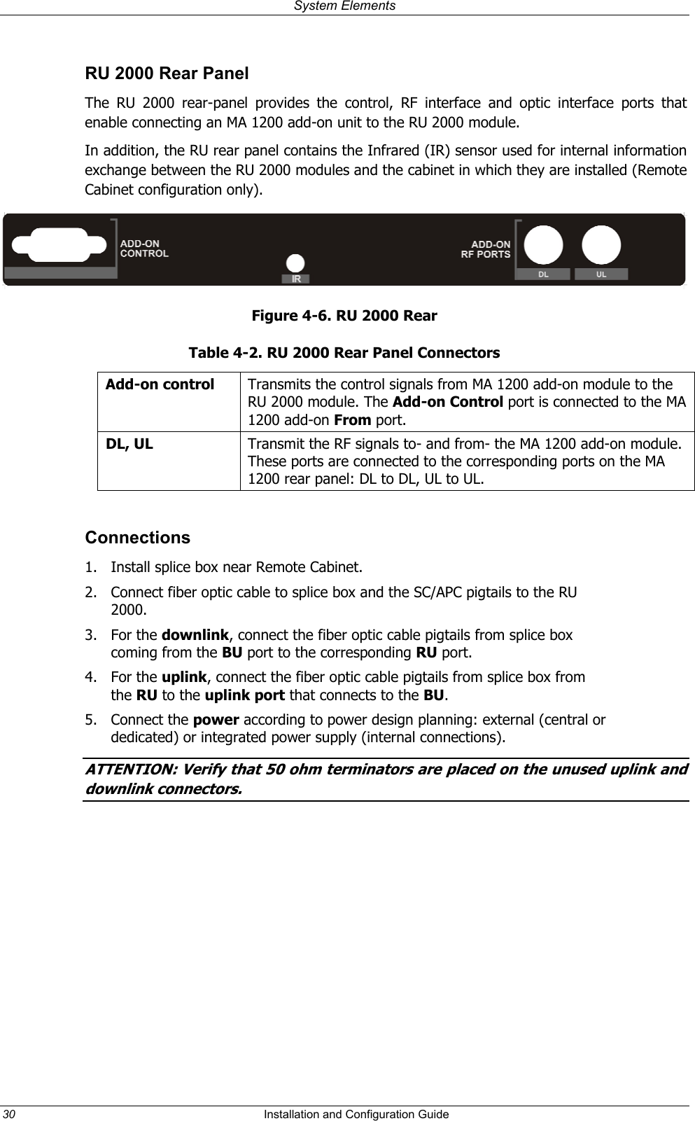 System Elements RU 2000 Rear Panel The RU 2000 rear-panel provides the control, RF interface and optic interface ports that enable connecting an MA 1200 add-on unit to the RU 2000 module.  In addition, the RU rear panel contains the Infrared (IR) sensor used for internal information exchange between the RU 2000 modules and the cabinet in which they are installed (Remote Cabinet configuration only).   Figure 4-6. RU 2000 Rear Table 4-2. RU 2000 Rear Panel Connectors Add-on control  Transmits the control signals from MA 1200 add-on module to the  RU 2000 module. The Add-on Control port is connected to the MA 1200 add-on From port.  DL, UL  Transmit the RF signals to- and from- the MA 1200 add-on module. These ports are connected to the corresponding ports on the MA 1200 rear panel: DL to DL, UL to UL.  Connections 1.  Install splice box near Remote Cabinet. 2.  Connect fiber optic cable to splice box and the SC/APC pigtails to the RU 2000.  3. For the downlink, connect the fiber optic cable pigtails from splice box coming from the BU port to the corresponding RU port.  4. For the uplink, connect the fiber optic cable pigtails from splice box from the RU to the uplink port that connects to the BU.  5. Connect the power according to power design planning: external (central or dedicated) or integrated power supply (internal connections).   ATTENTION: Verify that 50 ohm terminators are placed on the unused uplink and downlink connectors. 30  Installation and Configuration Guide   