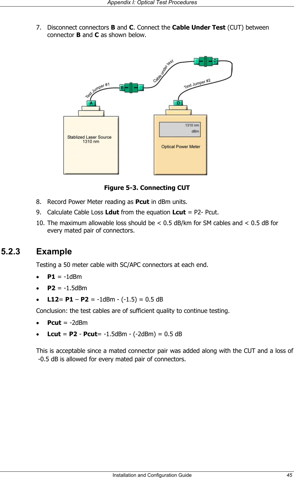   Appendix I: Optical Test Procedures  7. Disconnect connectors B and C. Connect the Cable Under Test (CUT) between connector B and C as shown below.   Figure 5-3. Connecting CUT 8.  Record Power Meter reading as Pcut in dBm units.  9.  Calculate Cable Loss Ldut from the equation Lcut = P2- Pcut.  10. The maximum allowable loss should be &lt; 0.5 dB/km for SM cables and &lt; 0.5 dB for every mated pair of connectors. 5.2.3 Example Testing a 50 meter cable with SC/APC connectors at each end. •  P1 = -1dBm •  P2 = -1.5dBm •  L12= P1 – P2 = -1dBm - (-1.5) = 0.5 dB Conclusion: the test cables are of sufficient quality to continue testing. •  Pcut = -2dBm •  Lcut = P2 - Pcut= -1.5dBm - (-2dBm) = 0.5 dB  This is acceptable since a mated connector pair was added along with the CUT and a loss of   -0.5 dB is allowed for every mated pair of connectors.     Installation and Configuration Guide  45 