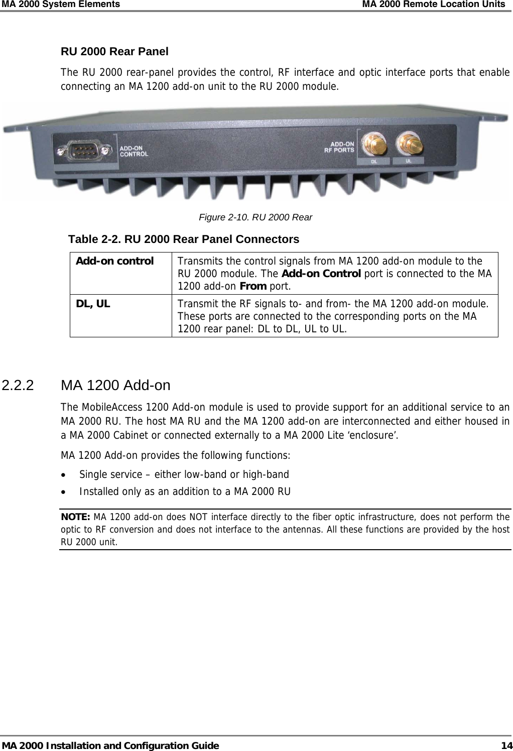 MA 2000 System Elements    MA 2000 Remote Location Units   MA 2000 Installation and Configuration Guide  14 RU 2000 Rear Panel The RU 2000 rear-panel provides the control, RF interface and optic interface ports that enable connecting an MA 1200 add-on unit to the RU 2000 module.   Figure  2-10. RU 2000 Rear Table  2-2. RU 2000 Rear Panel Connectors Add-on control  Transmits the control signals from MA 1200 add-on module to the RU 2000 module. The Add-on Control port is connected to the MA 1200 add-on From port.  DL, UL  Transmit the RF signals to- and from- the MA 1200 add-on module. These ports are connected to the corresponding ports on the MA 1200 rear panel: DL to DL, UL to UL.  2.2.2  MA 1200 Add-on The MobileAccess 1200 Add-on module is used to provide support for an additional service to an MA 2000 RU. The host MA RU and the MA 1200 add-on are interconnected and either housed in a MA 2000 Cabinet or connected externally to a MA 2000 Lite ‘enclosure’.  MA 1200 Add-on provides the following functions: • Single service – either low-band or high-band • Installed only as an addition to a MA 2000 RU NOTE: MA 1200 add-on does NOT interface directly to the fiber optic infrastructure, does not perform the optic to RF conversion and does not interface to the antennas. All these functions are provided by the host RU 2000 unit.  