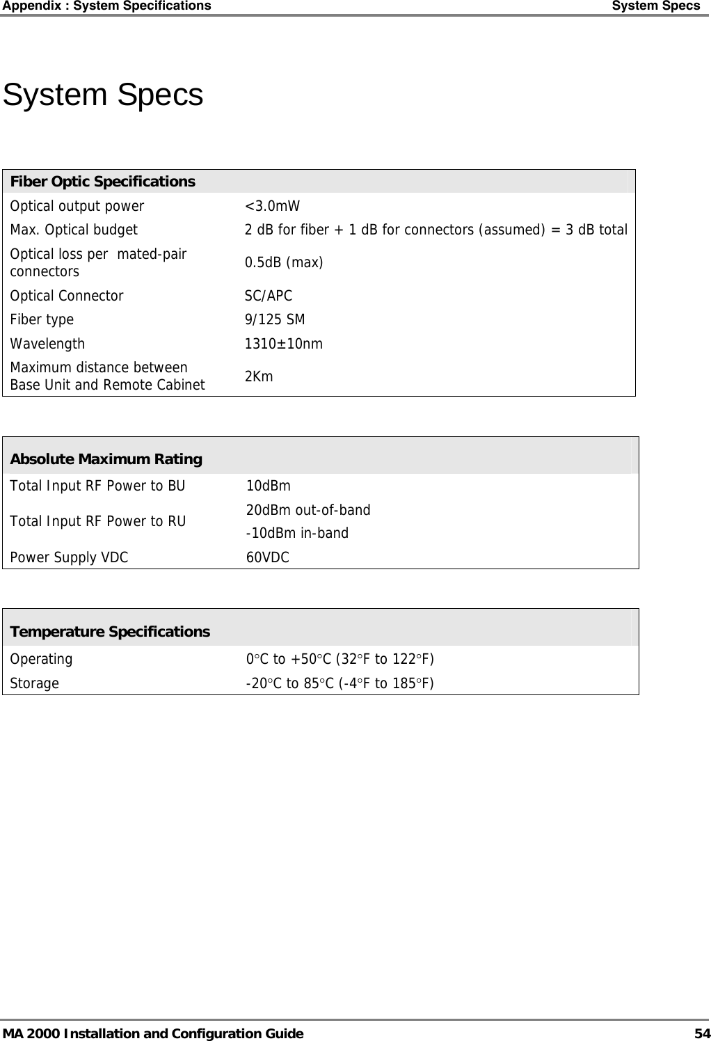 Appendix : System Specifications    System Specs   MA 2000 Installation and Configuration Guide  54 System Specs  Fiber Optic Specifications Optical output power  &lt;3.0mW Max. Optical budget  2 dB for fiber + 1 dB for connectors (assumed) = 3 dB totalOptical loss per  mated-pair connectors  0.5dB (max) Optical Connector  SC/APC Fiber type  9/125 SM Wavelength 1310±10nm Maximum distance between  Base Unit and Remote Cabinet  2Km  Absolute Maximum Rating Total Input RF Power to BU   10dBm  Total Input RF Power to RU  20dBm out-of-band -10dBm in-band Power Supply VDC  60VDC  Temperature Specifications Operating 0°C to +50°C (32°F to 122°F) Storage -20°C to 85°C (-4°F to 185°F) 