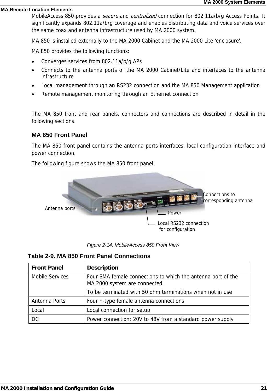 MA 2000 System Elements MA Remote Location Elements MA 2000 Installation and Configuration Guide  21 MobileAccess 850 provides a secure and centralized connection for 802.11a/b/g Access Points. It significantly expands 802.11a/b/g coverage and enables distributing data and voice services over the same coax and antenna infrastructure used by MA 2000 system.  MA 850 is installed externally to the MA 2000 Cabinet and the MA 2000 Lite ‘enclosure’.  MA 850 provides the following functions: • Converges services from 802.11a/b/g APs  • Connects to the antenna ports of the MA 2000 Cabinet/Lite and interfaces to the antenna infrastructure  • Local management through an RS232 connection and the MA 850 Management application • Remote management monitoring through an Ethernet connection  The MA 850 front and rear panels, connectors and connections are described in detail in the following sections. MA 850 Front Panel The MA 850 front panel contains the antenna ports interfaces, local configuration interface and power connection. The following figure shows the MA 850 front panel.    Figure  2-14. MobileAccess 850 Front View Table  2-9. MA 850 Front Panel Connections Front Panel  Description Mobile Services  Four SMA female connections to which the antenna port of the MA 2000 system are connected.    To be terminated with 50 ohm terminations when not in use Antenna Ports  Four n-type female antenna connections Local  Local connection for setup DC  Power connection: 20V to 48V from a standard power supply  Antenna ports Connections to corresponding antenna Local RS232 connection  for configuration Power