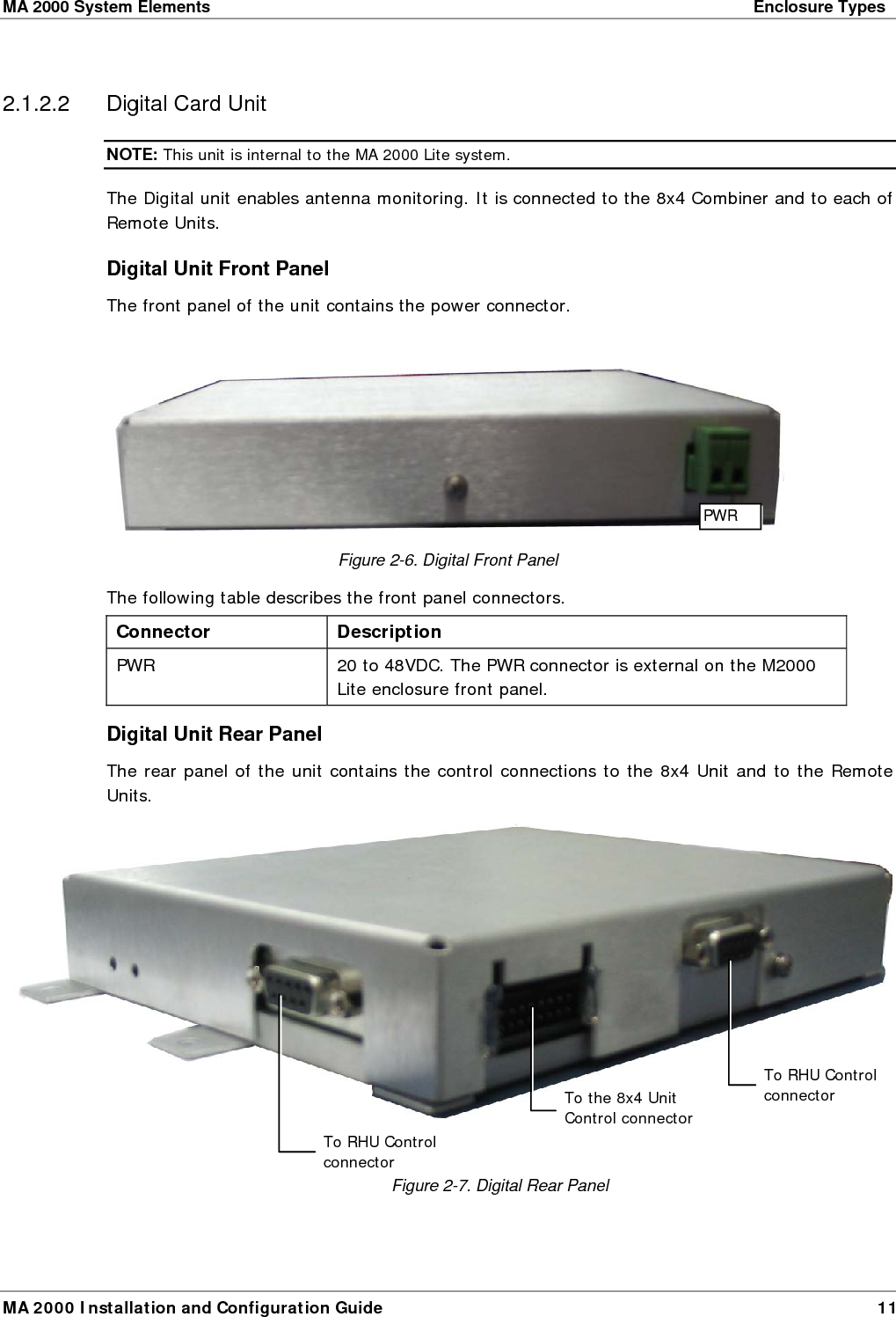 MA 2000 System Elements    Enclosure Types  MA 2000 Installation and Configuration Guide  11  2.1.2.2  Digital Card Unit NOTE: This unit is internal to the MA 2000 Lite system. The Digital unit enables antenna monitoring. It is connected to the 8x4 Combiner and to each of Remote Units.  Digital Unit Front Panel The front panel of the unit contains the power connector.   Figure  2-6. Digital Front Panel The following table describes the front panel connectors. Connector   Description PWR  20 to 48VDC. The PWR connector is external on the M2000 Lite enclosure front panel. Digital Unit Rear Panel The rear panel of the unit contains the control connections to the 8x4 Unit and to the Remote Units.   Figure  2-7. Digital Rear PanelTo the 8x4 Unit Control connector PWR To RHU Control connector To RHU Control connector 