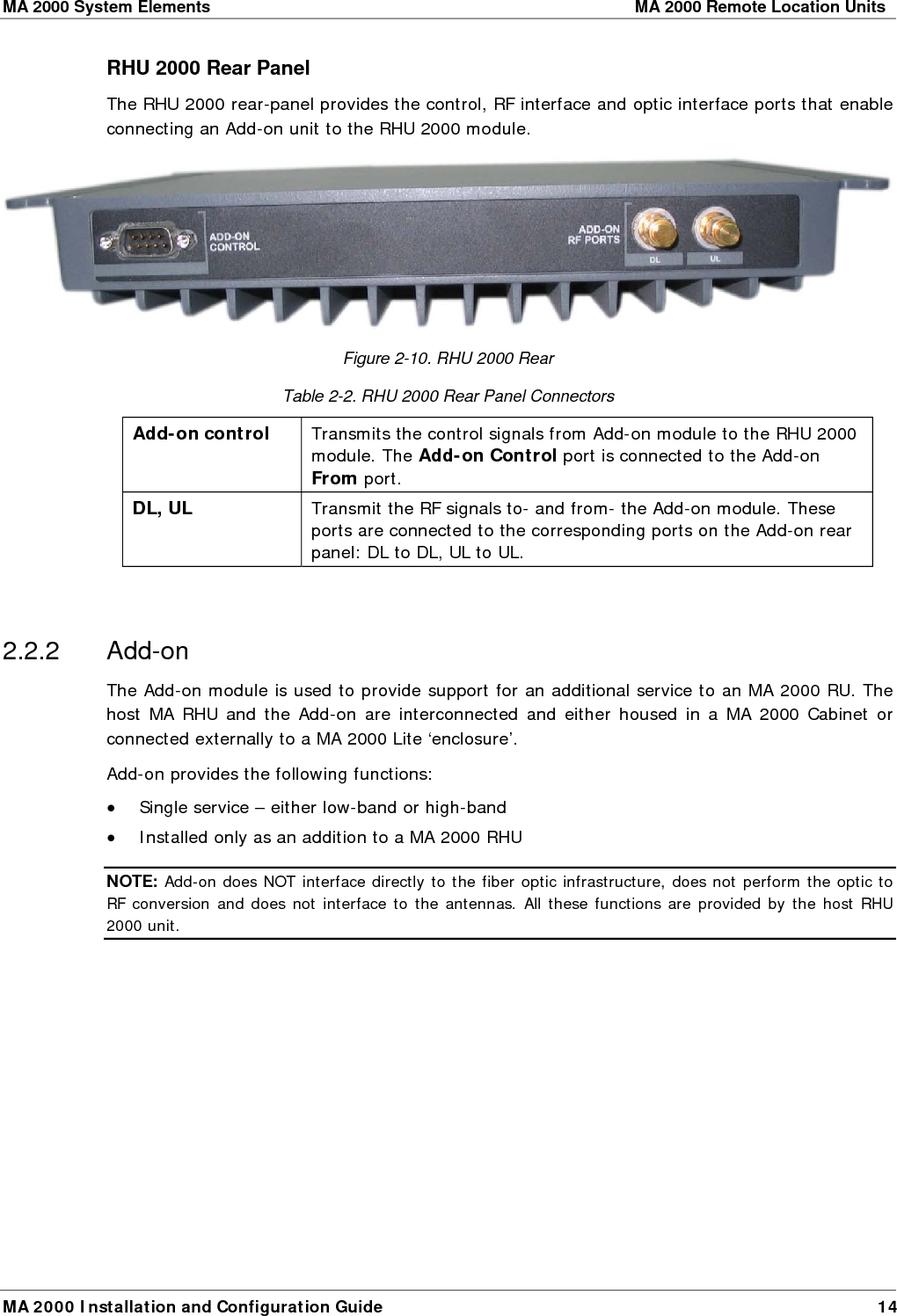 MA 2000 System Elements    MA 2000 Remote Location Units  MA 2000 Installation and Configuration Guide  14 RHU 2000 Rear Panel The RHU 2000 rear-panel provides the control, RF interface and optic interface ports that enable connecting an Add-on unit to the RHU 2000 module.   Figure  2-10. RHU 2000 Rear Table  2-2. RHU 2000 Rear Panel Connectors Add-on control  Transmits the control signals from Add-on module to the RHU 2000 module. The Add-on Control port is connected to the Add-on From port.  DL, UL  Transmit the RF signals to- and from- the Add-on module. These ports are connected to the corresponding ports on the Add-on rear panel: DL to DL, UL to UL.  2.2.2 Add-on The Add-on module is used to provide support for an additional service to an MA 2000 RU. The host MA RHU and the Add-on are interconnected and either housed in a MA 2000 Cabinet or connected externally to a MA 2000 Lite ‘enclosure’.  Add-on provides the following functions: • Single service – either low-band or high-band • Installed only as an addition to a MA 2000 RHU NOTE: Add-on does NOT interface directly to the fiber optic infrastructure, does not perform the optic to RF conversion and does not interface to the antennas. All these functions are provided by the host RHU 2000 unit.  