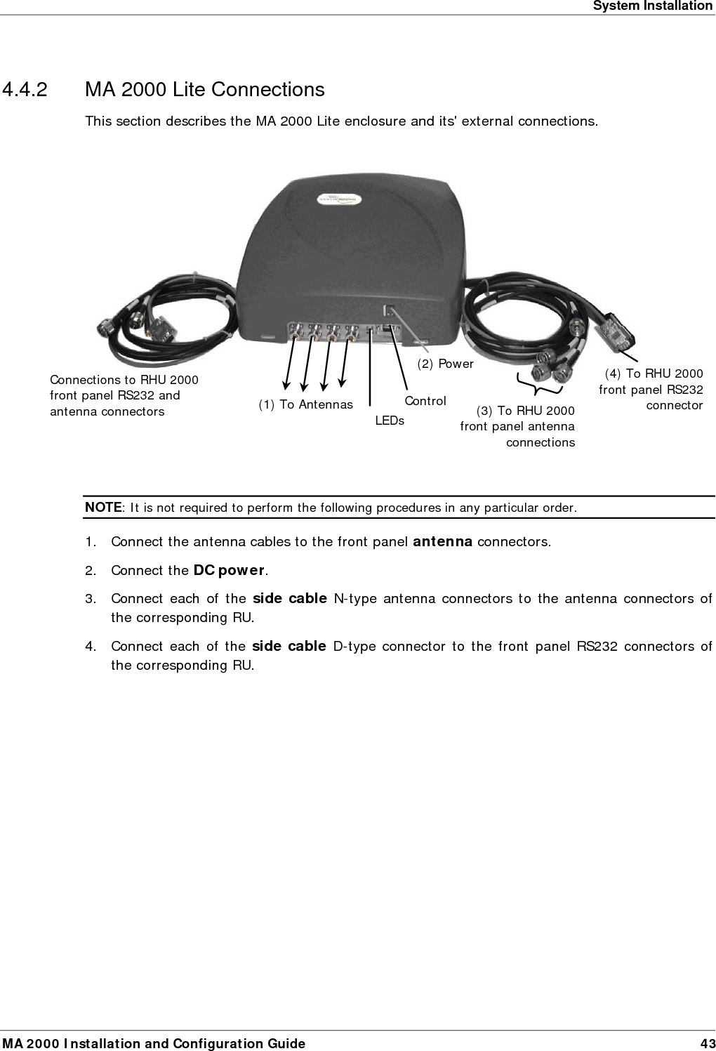 System Installation MA 2000 Installation and Configuration Guide  43 4.4.2  MA 2000 Lite Connections  This section describes the MA 2000 Lite enclosure and its&apos; external connections.     NOTE: It is not required to perform the following procedures in any particular order. 1.  Connect the antenna cables to the front panel antenna connectors. 2. Connect the DC power. 3.  Connect each of the side cable N-type antenna connectors to the antenna connectors of the corresponding RU. 4.  Connect each of the side cable D-type connector to the front panel RS232 connectors of the corresponding RU. Connections to RHU 2000 front panel RS232 and antenna connectors  (1) To Antennas(2) Power LEDsControl(4) To RHU 2000 front panel RS232 connector(3) To RHU 2000 front panel antenna connections 