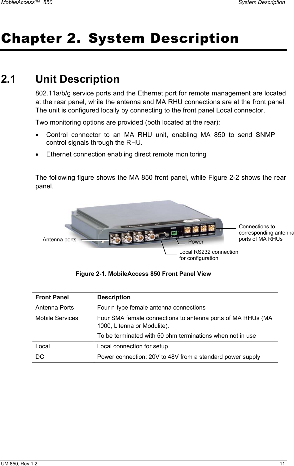 MobileAccess™  850    System Description  UM 850, Rev 1.2    11 Chapter 2.  System Description 2.1 Unit Description 802.11a/b/g service ports and the Ethernet port for remote management are located at the rear panel, while the antenna and MA RHU connections are at the front panel. The unit is configured locally by connecting to the front panel Local connector. Two monitoring options are provided (both located at the rear): •  Control connector to an MA RHU unit, enabling MA 850 to send SNMP control signals through the RHU.   •  Ethernet connection enabling direct remote monitoring   The following figure shows the MA 850 front panel, while Figure 2-2 shows the rear panel.   Figure 2-1. MobileAccess 850 Front Panel View  Front Panel  Description Antenna Ports  Four n-type female antenna connections Mobile Services  Four SMA female connections to antenna ports of MA RHUs (MA 1000, Litenna or Modulite).  To be terminated with 50 ohm terminations when not in use Local  Local connection for setup DC  Power connection: 20V to 48V from a standard power supply Antenna ports Connections to corresponding antenna ports of MA RHUs Local RS232 connection for configuration Power 