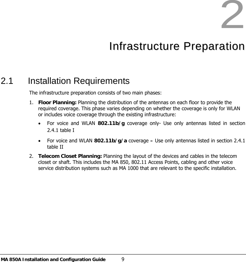 MA 850A Installation and Configuration Guide  9  2  IInnffrraassttrruuccttuurree  PPrreeppaarraattiioonn   2.1 Installation Requirements The infrastructure preparation consists of two main phases: 1. Floor Planning: Planning the distribution of the antennas on each floor to provide the required coverage. This phase varies depending on whether the coverage is only for WLAN or includes voice coverage through the existing infrastructure: • For voice and WLAN 802.11b/g coverage only- Use only antennas listed in section  2.4.1 table I • For voice and WLAN 802.11b/g/a coverage – Use only antennas listed in section  2.4.1 table II 2. Telecom Closet Planning: Planning the layout of the devices and cables in the telecom closet or shaft. This includes the MA 850, 802.11 Access Points, cabling and other voice service distribution systems such as MA 1000 that are relevant to the specific installation. 