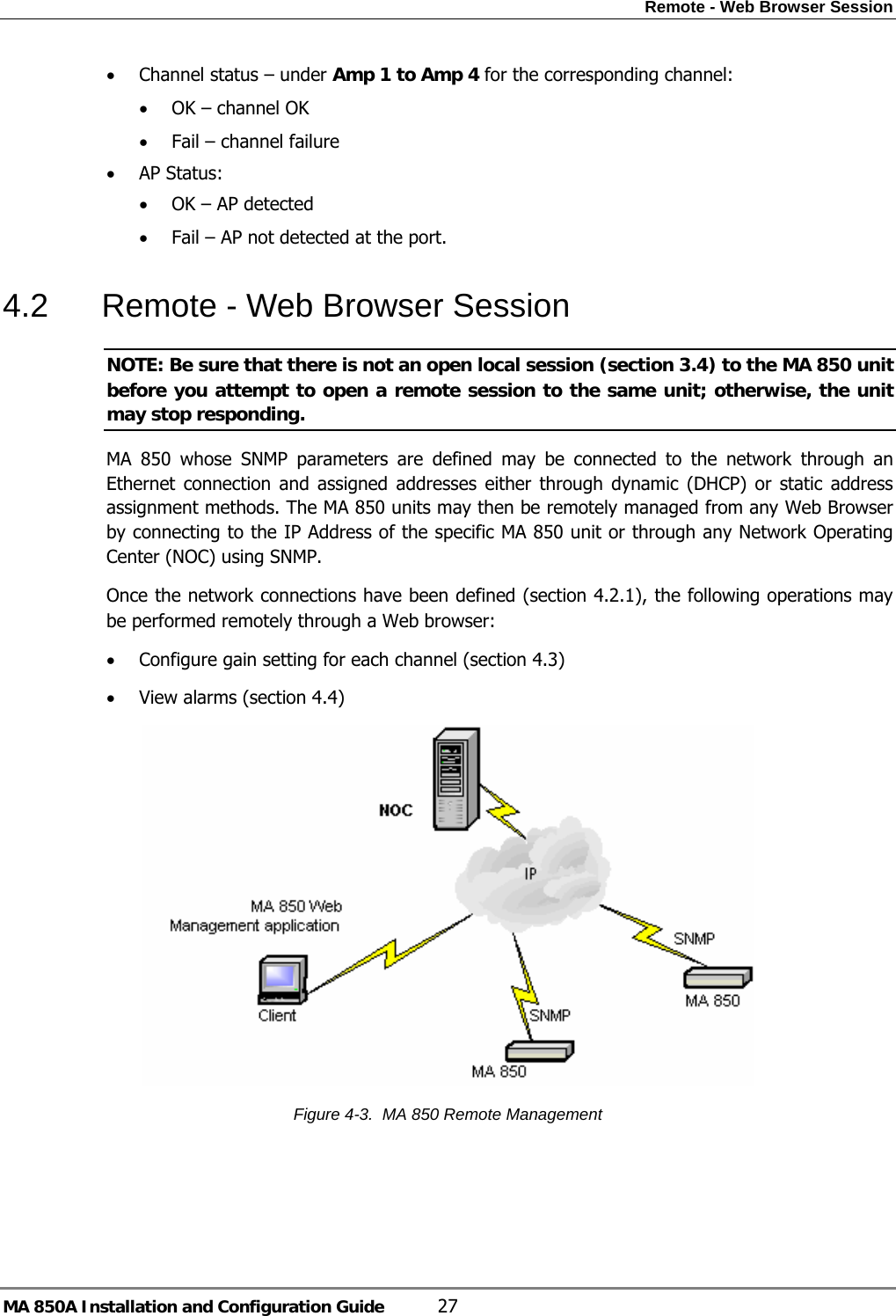 Remote - Web Browser Session MA 850A Installation and Configuration Guide  27 • Channel status – under Amp 1 to Amp 4 for the corresponding channel: • OK – channel OK • Fail – channel failure • AP Status: • OK – AP detected • Fail – AP not detected at the port. 4.2  Remote - Web Browser Session NOTE: Be sure that there is not an open local session (section  3.4) to the MA 850 unit before you attempt to open a remote session to the same unit; otherwise, the unit may stop responding. MA 850 whose SNMP parameters are defined may be connected to the network through an Ethernet connection and assigned addresses either through dynamic (DHCP) or static address assignment methods. The MA 850 units may then be remotely managed from any Web Browser by connecting to the IP Address of the specific MA 850 unit or through any Network Operating Center (NOC) using SNMP.   Once the network connections have been defined (section  4.2.1), the following operations may be performed remotely through a Web browser:  • Configure gain setting for each channel (section  4.3) • View alarms (section  4.4)  Figure  4-3.  MA 850 Remote Management  