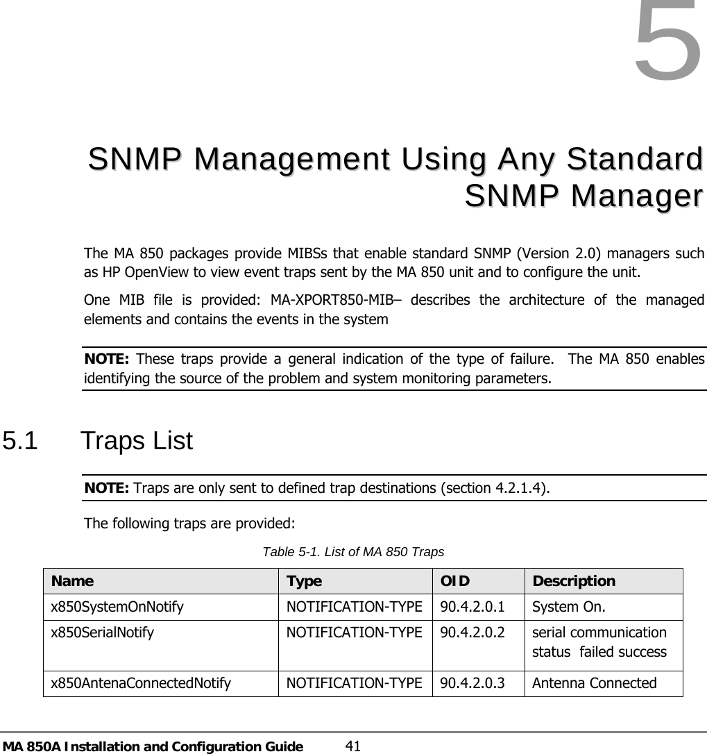 MA 850A Installation and Configuration Guide  41   5   SSNNMMPP  MMaannaaggeemmeenntt  UUssiinngg  AAnnyy  SSttaannddaarrdd  SSNNMMPP  MMaannaaggeerr    The MA 850 packages provide MIBSs that enable standard SNMP (Version 2.0) managers such as HP OpenView to view event traps sent by the MA 850 unit and to configure the unit.   One MIB file is provided: MA-XPORT850-MIB– describes the architecture of the managed elements and contains the events in the system  NOTE: These traps provide a general indication of the type of failure.  The MA 850 enables identifying the source of the problem and system monitoring parameters. 5.1 Traps List NOTE: Traps are only sent to defined trap destinations (section  4.2.1.4). The following traps are provided: Table  5-1. List of MA 850 Traps Name     Type  OID  Description x850SystemOnNotify NOTIFICATION-TYPE 90.4.2.0.1 System On. x850SerialNotify  NOTIFICATION-TYPE 90.4.2.0.2  serial communication status  failed success x850AntenaConnectedNotify NOTIFICATION-TYPE 90.4.2.0.3  Antenna Connected 