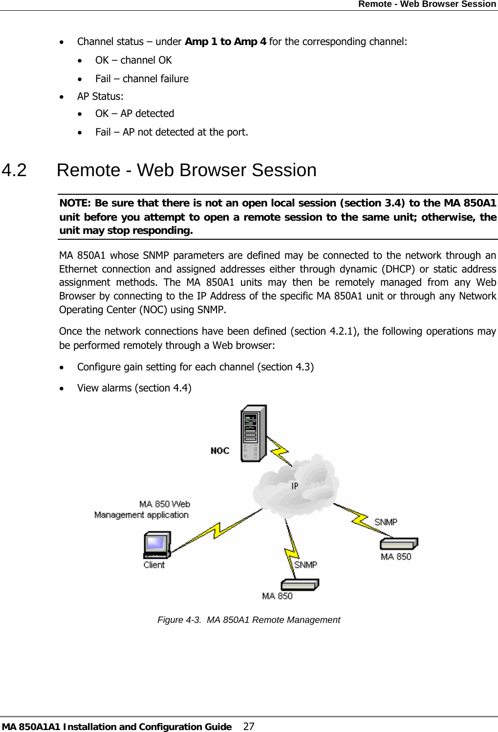 Remote - Web Browser Session MA 850A1A1 Installation and Configuration Guide  27 • Channel status – under Amp 1 to Amp 4 for the corresponding channel: • OK – channel OK • Fail – channel failure • AP Status: • OK – AP detected • Fail – AP not detected at the port. 4.2  Remote - Web Browser Session NOTE: Be sure that there is not an open local session (section  3.4) to the MA 850A1 unit before you attempt to open a remote session to the same unit; otherwise, the unit may stop responding. MA 850A1 whose SNMP parameters are defined may be connected to the network through an Ethernet connection and assigned addresses either through dynamic (DHCP) or static address assignment methods. The MA 850A1 units may then be remotely managed from any Web Browser by connecting to the IP Address of the specific MA 850A1 unit or through any Network Operating Center (NOC) using SNMP.   Once the network connections have been defined (section  4.2.1), the following operations may be performed remotely through a Web browser:  • Configure gain setting for each channel (section  4.3) • View alarms (section  4.4)  Figure  4-3.  MA 850A1 Remote Management  