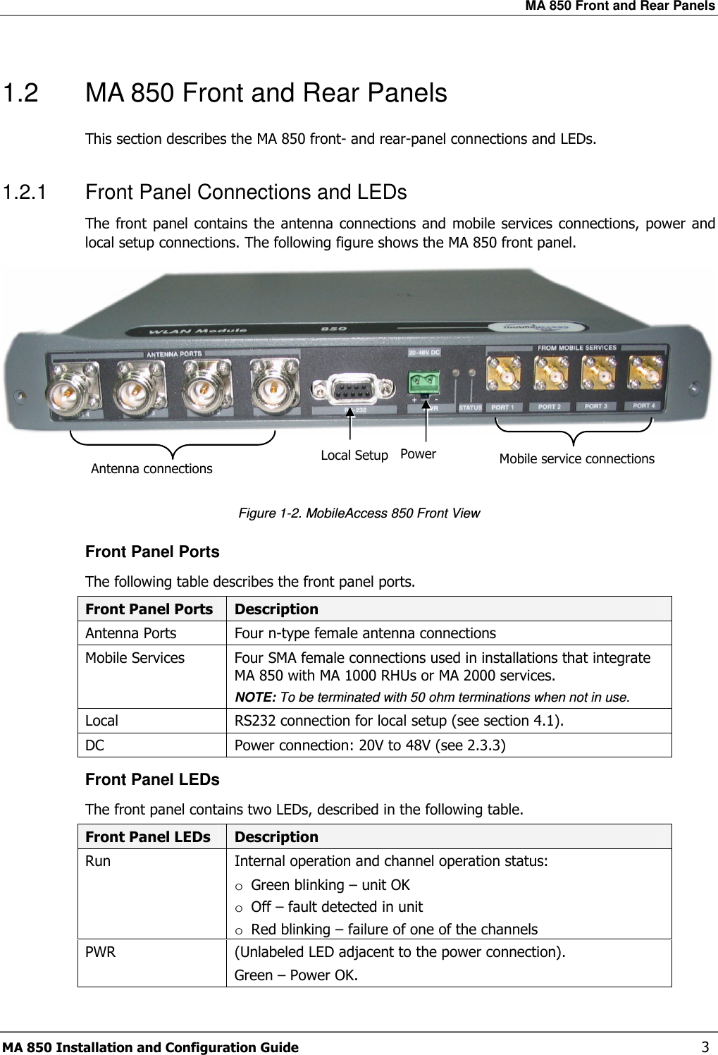 MA 850 Front and Rear Panels MA 850 Installation and Configuration Guide    3 1.2  MA 850 Front and Rear Panels This section describes the MA 850 front- and rear-panel connections and LEDs. 1.2.1  Front Panel Connections and LEDs The front panel  contains  the antenna  connections and  mobile services connections, power  and local setup connections. The following figure shows the MA 850 front panel.    Figure  1-2. MobileAccess 850 Front View Front Panel Ports The following table describes the front panel ports. Front Panel Ports  Description Antenna Ports  Four n-type female antenna connections Mobile Services  Four SMA female connections used in installations that integrate MA 850 with MA 1000 RHUs or MA 2000 services.  NOTE: To be terminated with 50 ohm terminations when not in use. Local  RS232 connection for local setup (see section  4.1).  DC  Power connection: 20V to 48V (see  2.3.3) Front Panel LEDs The front panel contains two LEDs, described in the following table.  Front Panel LEDs  Description Run  Internal operation and channel operation status: o Green blinking – unit OK o Off – fault detected in unit o Red blinking – failure of one of the channels  PWR  (Unlabeled LED adjacent to the power connection).  Green – Power OK.  Mobile service connections Antenna connections Power Local Setup  