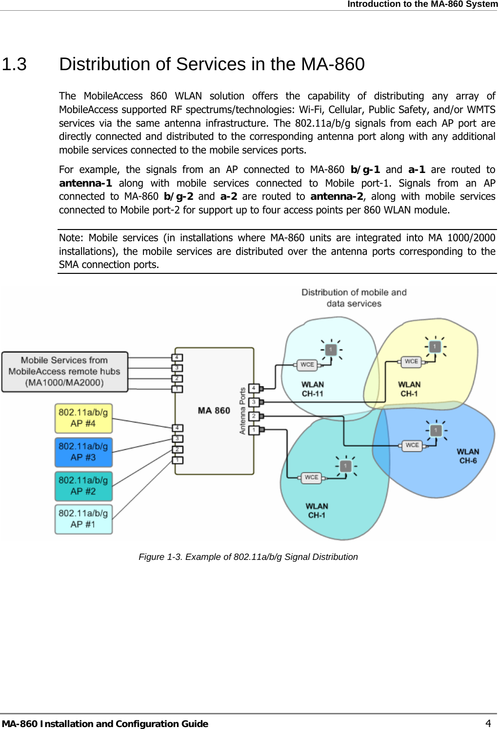  Introduction to the MA-860 System 1.3  Distribution of Services in the MA-860 The MobileAccess 860 WLAN solution offers the capability of distributing any array of MobileAccess supported RF spectrums/technologies: Wi-Fi, Cellular, Public Safety, and/or WMTS services via the same antenna infrastructure. The 802.11a/b/g signals from each AP port are directly connected and distributed to the corresponding antenna port along with any additional mobile services connected to the mobile services ports.  For example, the signals from an AP connected to MA-860 b/g-1 and a-1 are routed to antenna-1 along with mobile services connected to Mobile port-1. Signals from an AP connected to MA-860 b/g-2 and a-2 are routed to antenna-2, along with mobile services connected to Mobile port-2 for support up to four access points per 860 WLAN module.   Note: Mobile services (in installations where MA-860 units are integrated into MA 1000/2000 installations), the mobile services are distributed over the antenna ports corresponding to the SMA connection ports.   Figure  1-3. Example of 802.11a/b/g Signal Distribution  MA-860 Installation and Configuration Guide    4 