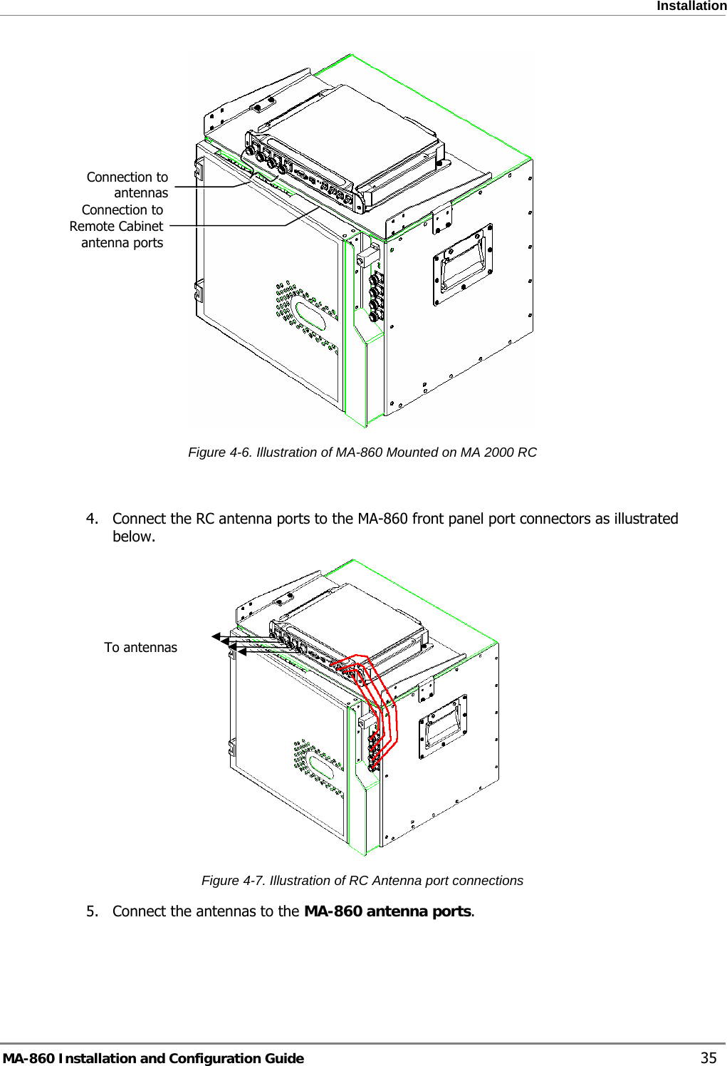  Installation  Connection to antennasConnection to Remote Cabinet antenna ports Figure  4-6. Illustration of MA-860 Mounted on MA 2000 RC  4. Connect the RC antenna ports to the MA-860 front panel port connectors as illustrated below.   To antennas Figure  4-7. Illustration of RC Antenna port connections 5. Connect the antennas to the MA-860 antenna ports.MA-860 Installation and Configuration Guide    35 