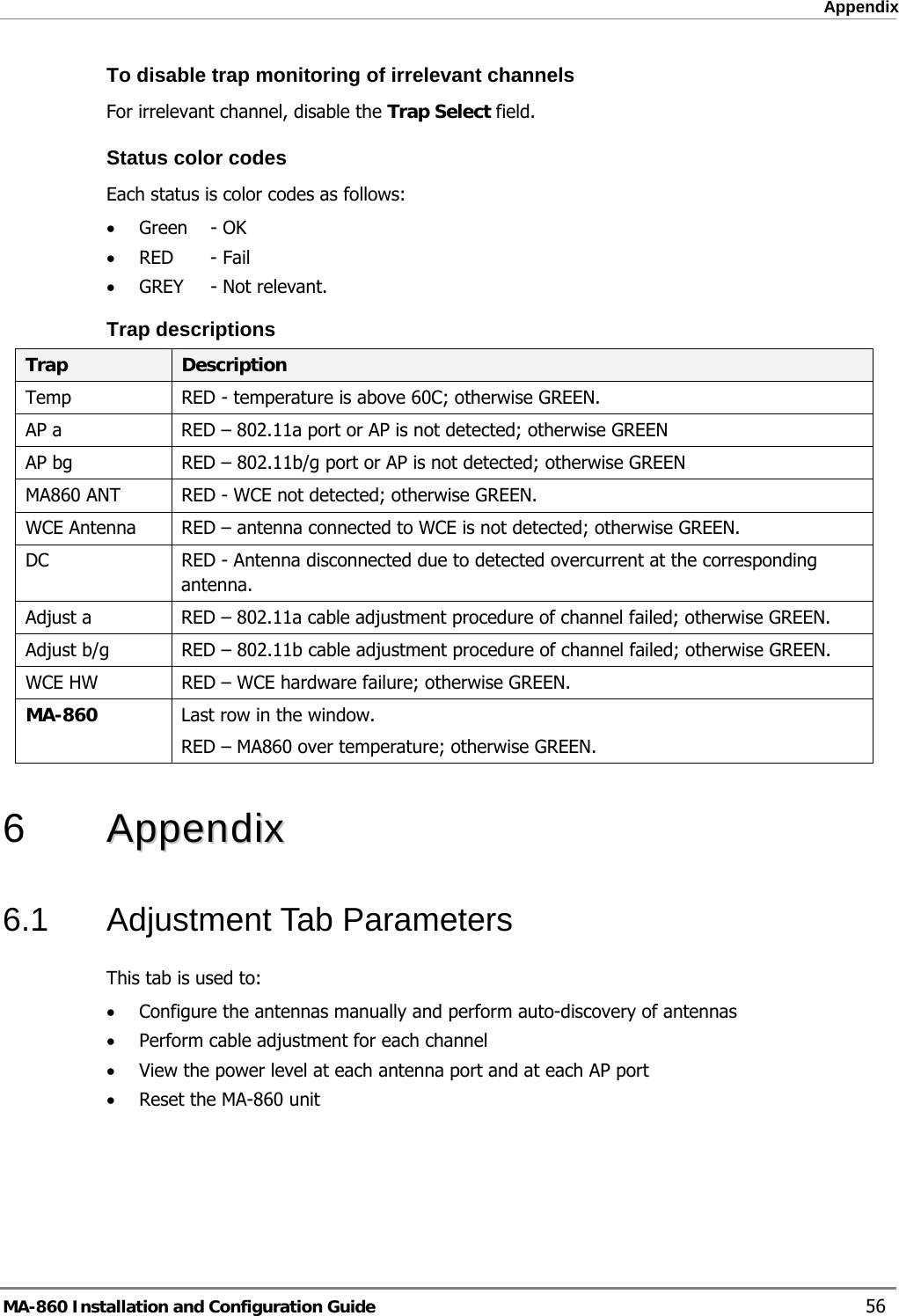  Appendix To disable trap monitoring of irrelevant channels  For irrelevant channel, disable the Trap Select field. Status color codes Each status is color codes as follows: • Green   - OK • RED - Fail • GREY  - Not relevant. Trap descriptions Trap  Description Temp  RED - temperature is above 60C; otherwise GREEN. AP a  RED – 802.11a port or AP is not detected; otherwise GREEN  AP bg  RED – 802.11b/g port or AP is not detected; otherwise GREEN MA860 ANT  RED - WCE not detected; otherwise GREEN. WCE Antenna  RED – antenna connected to WCE is not detected; otherwise GREEN. DC  RED - Antenna disconnected due to detected overcurrent at the corresponding antenna. Adjust a  RED – 802.11a cable adjustment procedure of channel failed; otherwise GREEN. Adjust b/g  RED – 802.11b cable adjustment procedure of channel failed; otherwise GREEN. WCE HW  RED – WCE hardware failure; otherwise GREEN. MA-860  Last row in the window.  RED – MA860 over temperature; otherwise GREEN.  6   AAppppeennddiixx  6.1 Adjustment Tab Parameters This tab is used to: • Configure the antennas manually and perform auto-discovery of antennas • Perform cable adjustment for each channel • View the power level at each antenna port and at each AP port • Reset the MA-860 unit MA-860 Installation and Configuration Guide    56 