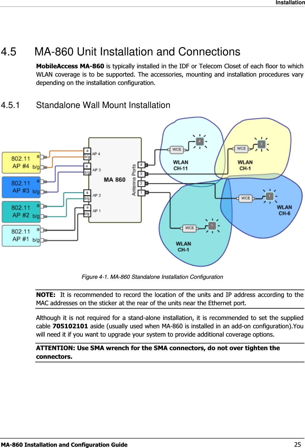 Installation MA-860 Installation and Configuration Guide    25  4.5  MA-860 Unit Installation and Connections MobileAccess MA-860 is typically installed in the IDF or Telecom Closet of each floor to which WLAN coverage is to be supported. The accessories, mounting and installation procedures vary depending on the installation configuration.  4.5.1  Standalone Wall Mount Installation  Figure  4-1. MA-860 Standalone Installation Configuration NOTE:  It is recommended to record the location of the units and IP address according to the MAC addresses on the sticker at the rear of the units near the Ethernet port. Although it is not required for a stand-alone installation, it is recommended to set the supplied cable 705102101 aside (usually used when MA-860 is installed in an add-on configuration).You will need it if you want to upgrade your system to provide additional coverage options. ATTENTION: Use SMA wrench for the SMA connectors, do not over tighten the connectors. 