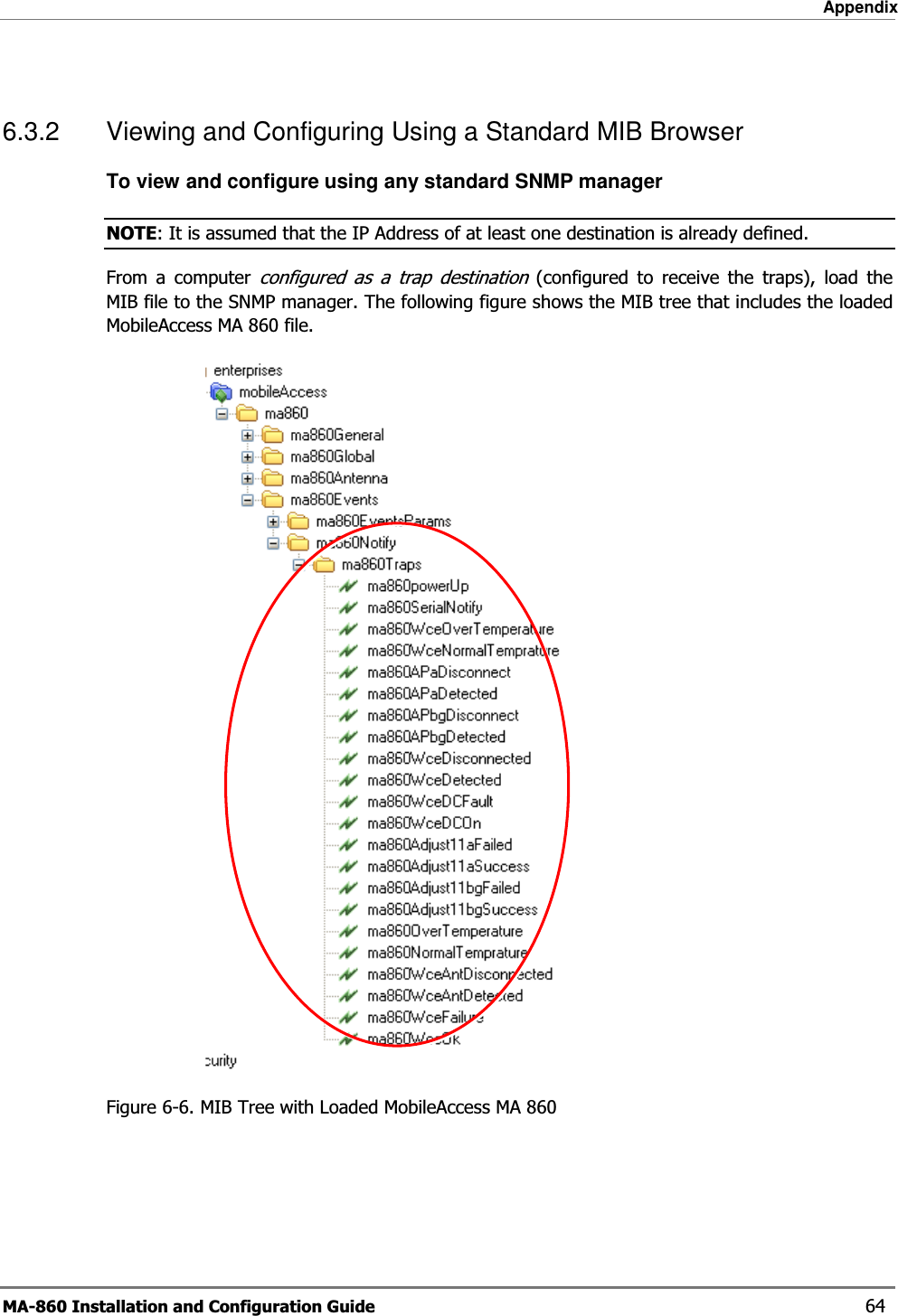 Appendix MA-860 Installation and Configuration Guide    64  6.3.2  Viewing and Configuring Using a Standard MIB Browser To view and configure using any standard SNMP manager NOTE: It is assumed that the IP Address of at least one destination is already defined.  From a computer configured as a trap destination (configured to receive the traps), load the  MIB file to the SNMP manager. The following figure shows the MIB tree that includes the loaded MobileAccess MA 860 file.  Figure  6-6. MIB Tree with Loaded MobileAccess MA 860   