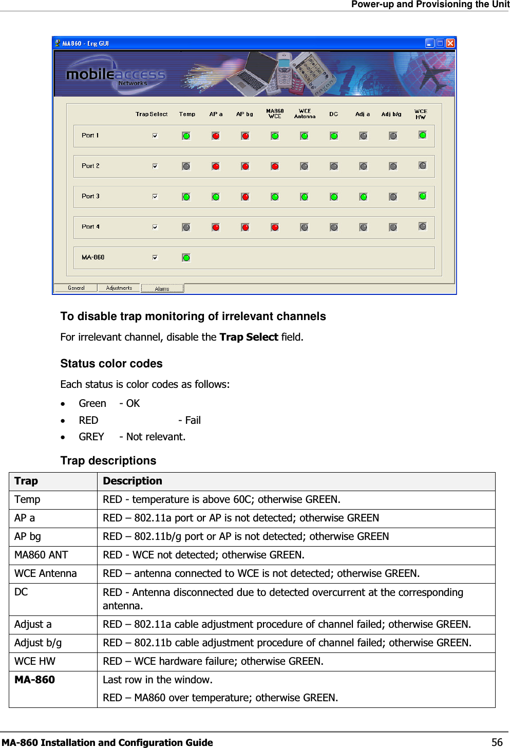 Power-up and Provisioning the Unit MA-860 Installation and Configuration Guide    56  To disable trap monitoring of irrelevant channels  For irrelevant channel, disable the Trap Select field. Status color codes Each status is color codes as follows: •Green   - OK •RED   - Fail •GREY  - Not relevant. Trap descriptions Trap  Description Temp  RED - temperature is above 60C; otherwise GREEN. AP a  RED – 802.11a port or AP is not detected; otherwise GREEN  AP bg  RED – 802.11b/g port or AP is not detected; otherwise GREEN MA860 ANT  RED - WCE not detected; otherwise GREEN. WCE Antenna  RED – antenna connected to WCE is not detected; otherwise GREEN. DC  RED - Antenna disconnected due to detected overcurrent at the corresponding antenna. Adjust a  RED – 802.11a cable adjustment procedure of channel failed; otherwise GREEN. Adjust b/g  RED – 802.11b cable adjustment procedure of channel failed; otherwise GREEN. WCE HW  RED – WCE hardware failure; otherwise GREEN. MA-860  Last row in the window.  RED – MA860 over temperature; otherwise GREEN. 