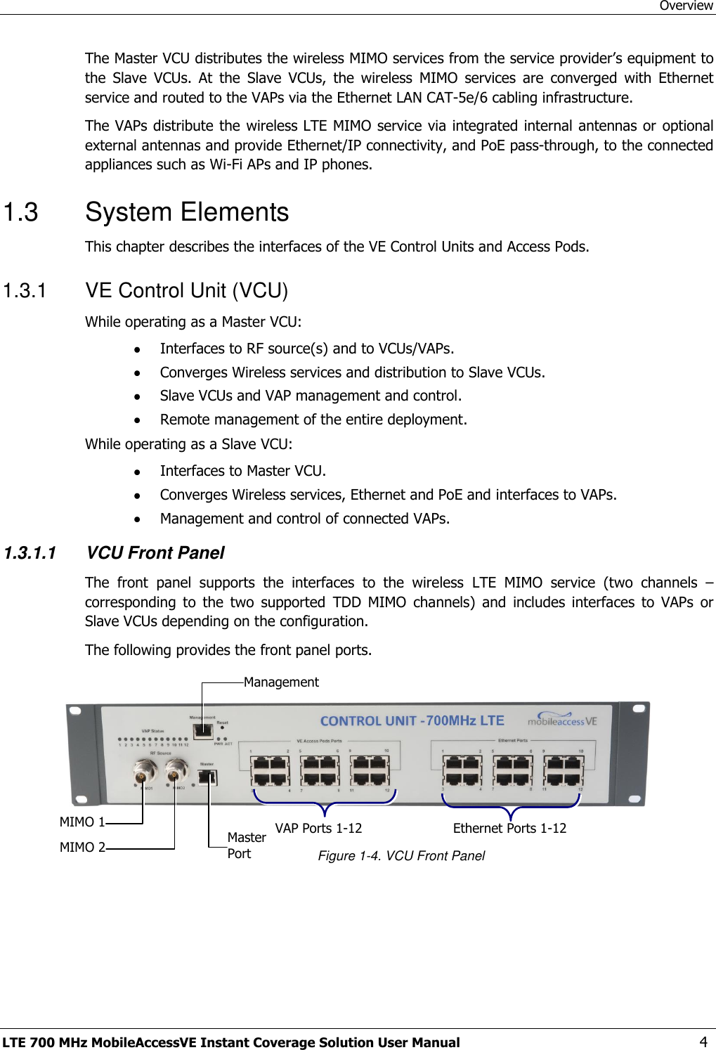 Overview LTE 700 MHz MobileAccessVE Instant Coverage Solution User Manual  4 The Master VCU distributes the wireless MIMO services from the service provider’s equipment to the  Slave  VCUs.  At  the  Slave  VCUs,  the  wireless  MIMO  services  are  converged  with  Ethernet service and routed to the VAPs via the Ethernet LAN CAT-5e/6 cabling infrastructure. The VAPs distribute the  wireless LTE MIMO  service via integrated internal antennas or  optional external antennas and provide Ethernet/IP connectivity, and PoE pass-through, to the connected appliances such as Wi-Fi APs and IP phones. 1.3  System Elements This chapter describes the interfaces of the VE Control Units and Access Pods.  1.3.1  VE Control Unit (VCU) While operating as a Master VCU:  Interfaces to RF source(s) and to VCUs/VAPs.  Converges Wireless services and distribution to Slave VCUs.  Slave VCUs and VAP management and control.  Remote management of the entire deployment. While operating as a Slave VCU:  Interfaces to Master VCU.  Converges Wireless services, Ethernet and PoE and interfaces to VAPs.  Management and control of connected VAPs. 1.3.1.1 VCU Front Panel The  front  panel  supports  the  interfaces  to  the  wireless  LTE  MIMO  service  (two  channels  – corresponding  to  the  two  supported  TDD  MIMO  channels)  and  includes  interfaces  to  VAPs  or Slave VCUs depending on the configuration. The following provides the front panel ports.        Figure 1-4. VCU Front Panel Ethernet Ports 1-12 VAP Ports 1-12 Management  MIMO 2   MIMO 1   Master Port   