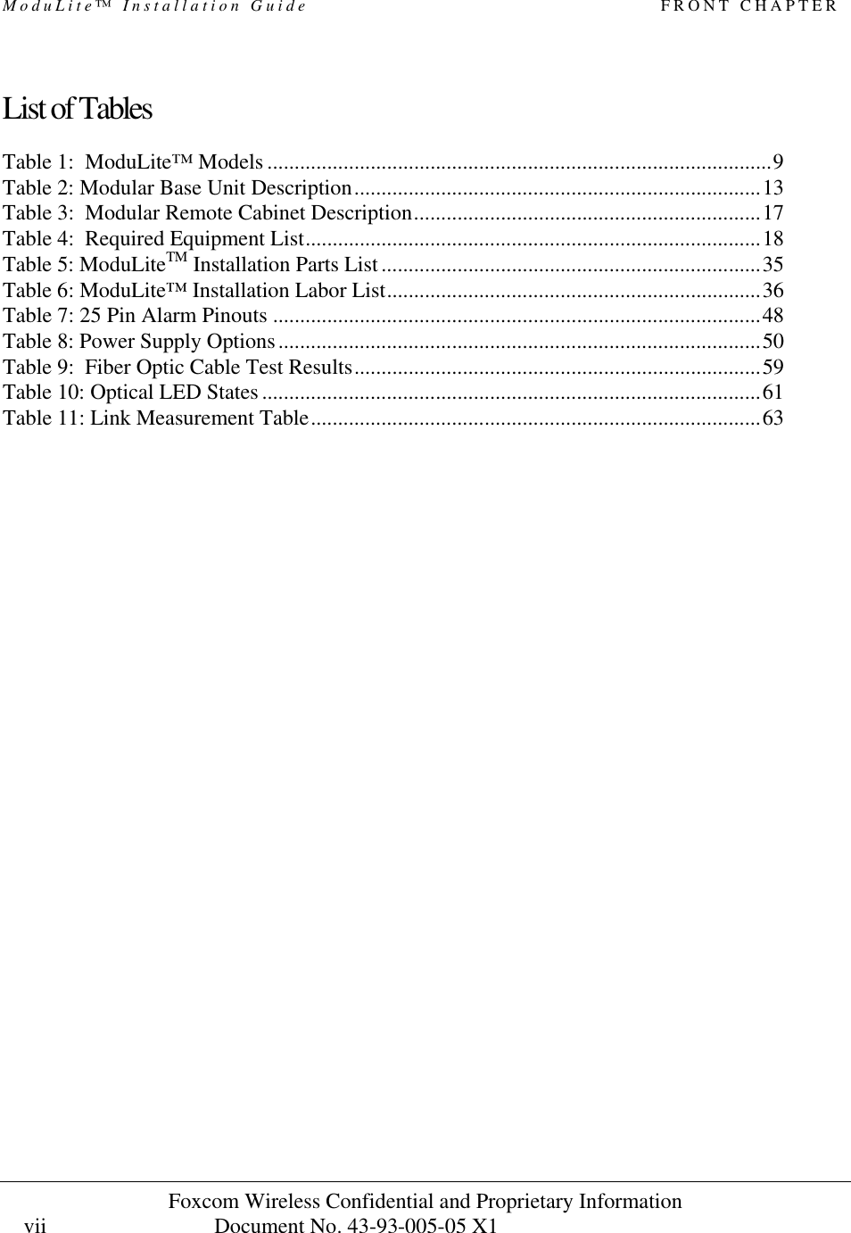 ModuLite™ Installation Guide                                             FRONT CHAPTER Foxcom Wireless Confidential and Proprietary Information            Document No. 43-93-005-05 X1                                    vii      List of Tables Table 1:  ModuLite™ Models .............................................................................................9 Table 2: Modular Base Unit Description...........................................................................13 Table 3:  Modular Remote Cabinet Description................................................................17 Table 4:  Required Equipment List....................................................................................18 Table 5: ModuLiteTM Installation Parts List ......................................................................35 Table 6: ModuLite™ Installation Labor List.....................................................................36 Table 7: 25 Pin Alarm Pinouts ..........................................................................................48 Table 8: Power Supply Options.........................................................................................50 Table 9:  Fiber Optic Cable Test Results...........................................................................59 Table 10: Optical LED States ............................................................................................61 Table 11: Link Measurement Table...................................................................................63  