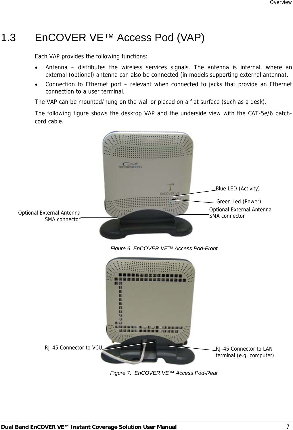 Overview Dual Band EnCOVER VE™ Instant Coverage Solution User Manual  7 1.3  EnCOVER VE™ Access Pod (VAP) Each VAP provides the following functions: • Antenna – distributes the wireless services signals. The antenna is internal, where an external (optional) antenna can also be connected (in models supporting external antenna). • Connection to Ethernet port – relevant when connected to jacks that provide an Ethernet connection to a user terminal. The VAP can be mounted/hung on the wall or placed on a flat surface (such as a desk).  The following figure shows the desktop VAP and the underside view with the CAT-5e/6 patch-cord cable.   Figure 6. EnCOVER VE™ Access Pod-Front   Figure 7.  EnCOVER VE™ Access Pod-Rear RJ-45 Connector to LAN terminal (e.g. computer) RJ-45 Connector to VCUBlue LED (Activity) Green Led (Power) Optional External Antenna SMA connector Optional External AntennaSMA connector