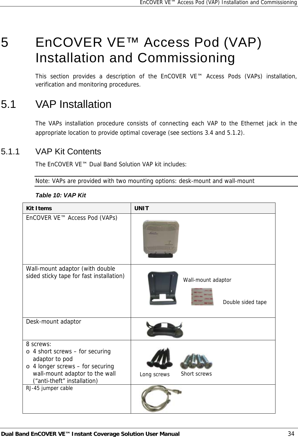 EnCOVER VE™ Access Pod (VAP) Installation and Commissioning Dual Band EnCOVER VE™ Instant Coverage Solution User Manual  34  5   EnCOVER VE™ Access Pod (VAP) Installation and Commissioning This section provides a description of the EnCOVER VE™ Access Pods (VAPs) installation, verification and monitoring procedures. 5.1 VAP Installation The VAPs installation procedure consists of connecting each VAP to the Ethernet jack in the appropriate location to provide optimal coverage (see sections  3.4 and  5.1.2). 5.1.1 VAP Kit Contents The EnCOVER VE™ Dual Band Solution VAP kit includes:  Note: VAPs are provided with two mounting options: desk-mount and wall-mount  Table 10: VAP Kit Kit Items  UNIT  EnCOVER VE™ Access Pod (VAPs)                                            Wall-mount adaptor (with double sided sticky tape for fast installation)                                   Desk-mount adaptor          8 screws: o 4 short screws – for securing adaptor to pod o 4 longer screws – for securing wall-mount adaptor to the wall (“anti-theft” installation)                   RJ-45 jumper cable   Wall-mount adaptor Double sided tape Long screws Short screws