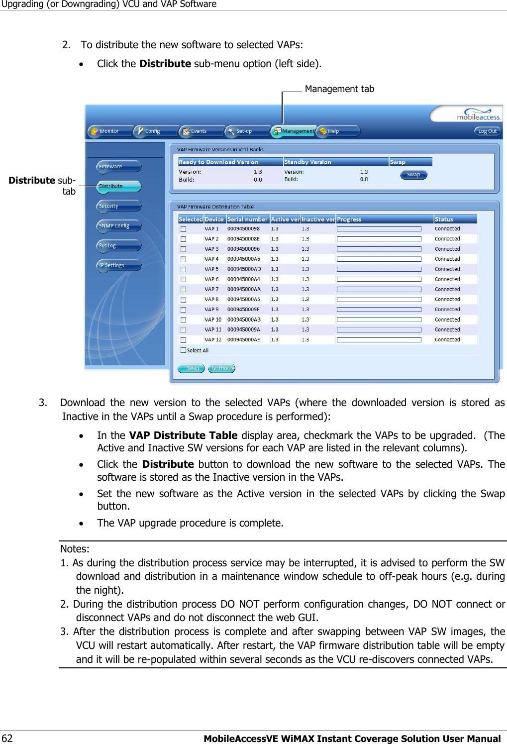 Upgrading (or Downgrading) VCU and VAP Software 62 MobileAccessVE WiMAX Instant Coverage Solution User Manual 2. To distribute the new software to selected VAPs:  Click the Distribute sub-menu option (left side).    3. Download  the  new  version  to  the  selected  VAPs  (where  the  downloaded  version  is  stored  as Inactive in the VAPs until a Swap procedure is performed):   In the VAP Distribute Table display area, checkmark the VAPs to be upgraded.  (The Active and Inactive SW versions for each VAP are listed in the relevant columns).  Click  the  Distribute  button  to  download  the  new  software  to  the  selected  VAPs.  The software is stored as the Inactive version in the VAPs.  Set  the  new  software  as  the  Active  version  in  the  selected  VAPs  by  clicking  the  Swap button.  The VAP upgrade procedure is complete. Notes: 1. As during the distribution process service may be interrupted, it is advised to perform the SW download and distribution in a maintenance window schedule to off-peak hours (e.g. during the night). 2. During the distribution process DO NOT perform configuration changes, DO NOT connect or disconnect VAPs and do not disconnect the web GUI. 3. After the distribution process  is complete  and after  swapping between VAP  SW images, the VCU will restart automatically. After restart, the VAP firmware distribution table will be empty and it will be re-populated within several seconds as the VCU re-discovers connected VAPs.  Management tab Distribute sub-tab 