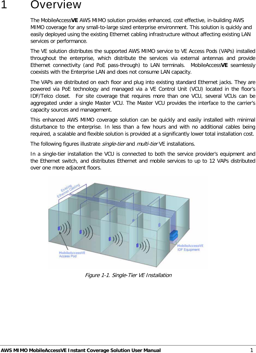  AWS MIMO MobileAccessVE Instant Coverage Solution User Manual  1 1  Overview The MobileAccessVE AWS MIMO solution provides enhanced, cost effective, in-building AWS MIMO coverage for any small-to-large sized enterprise environment. This solution is quickly and easily deployed using the existing Ethernet cabling infrastructure without affecting existing LAN services or performance.  The VE solution distributes the supported AWS MIMO service to VE Access Pods (VAPs) installed throughout the enterprise,  which distribute the services via external antennas and provide Ethernet connectivity (and PoE pass-through) to LAN terminals.    MobileAccessVE seamlessly coexists with the Enterprise LAN and does not consume LAN capacity. The VAPs are distributed on each floor and plug into existing standard Ethernet jacks. They are powered via PoE technology and managed via a VE Control Unit (VCU) located in the floor’s IDF/Telco closet.  For site coverage that requires more than one VCU, several VCUs can be aggregated under a single Master VCU. The Master VCU provides the interface to the carrier’s capacity sources and management. This enhanced AWS MIMO coverage solution can be quickly and easily installed with minimal disturbance to the enterprise. In less than a few hours and with no additional cables being required, a scalable and flexible solution is provided at a significantly lower total installation cost. The following figures illustrate single-tier and multi-tier VE installations. In a single-tier installation the VCU is connected to both the service provider’s equipment and the Ethernet switch, and distributes Ethernet and mobile services to up to 12 VAPs distributed over one more adjacent floors.  Figure  1-1. Single-Tier VE Installation 