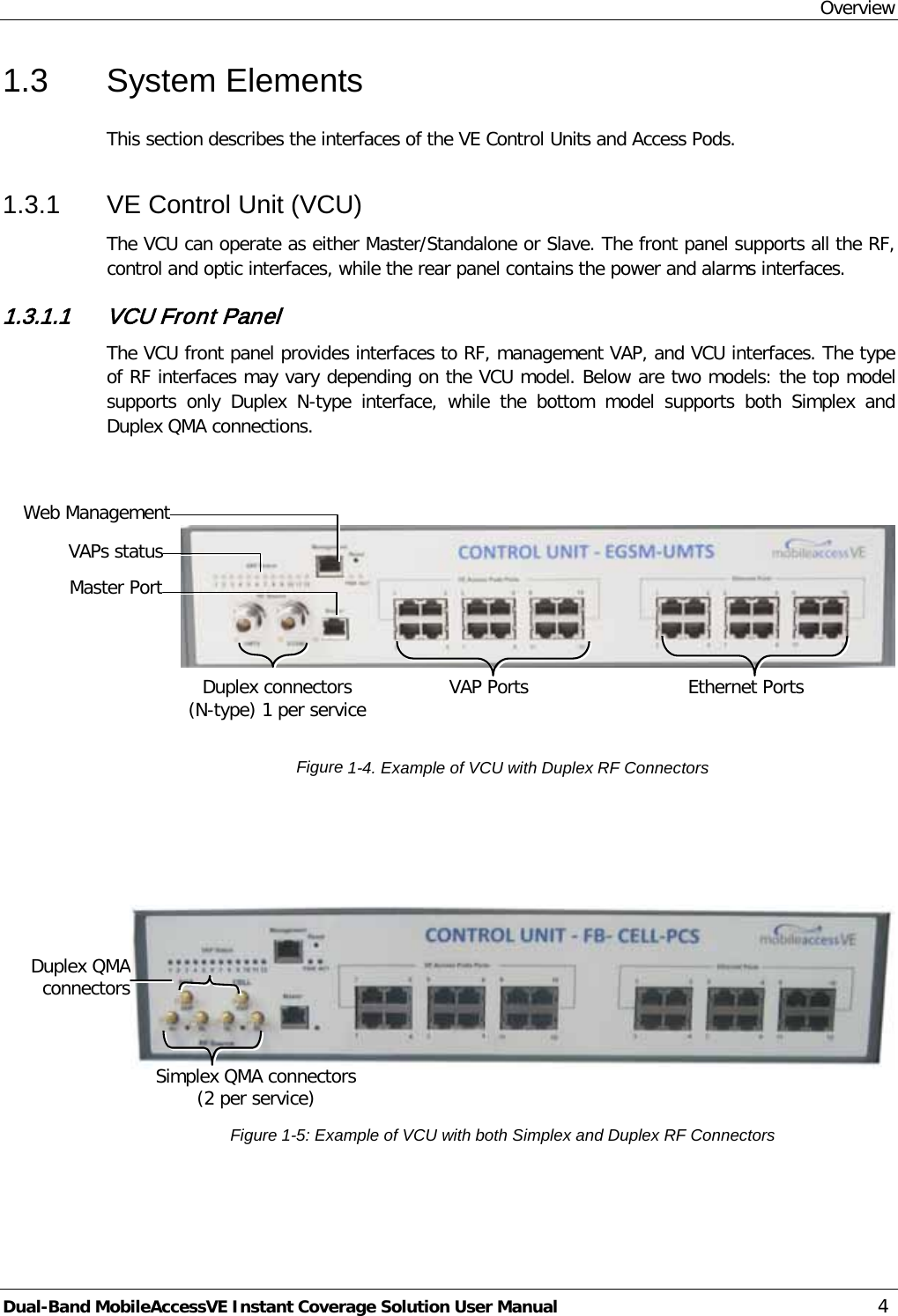 Overview Dual-Band MobileAccessVE Instant Coverage Solution User Manual 4 1.3  System Elements This section describes the interfaces of the VE Control Units and Access Pods.  1.3.1  VE Control Unit (VCU) The VCU can operate as either Master/Standalone or Slave. The front panel supports all the RF, control and optic interfaces, while the rear panel contains the power and alarms interfaces. 1.3.1.1 VCU Front Panel  The VCU front panel provides interfaces to RF, management VAP, and VCU interfaces. The type of RF interfaces may vary depending on the VCU model. Below are two models: the top model supports only Duplex N-type interface, while the bottom model supports both Simplex and Duplex QMA connections.      Figure  1-4. Example of VCU with Duplex RF Connectors       Figure  1-5: Example of VCU with both Simplex and Duplex RF Connectors  Device  Set the VAP  Ethernet Ports VAP Ports Web Management  Master Port   Duplex QMA  connectors Simplex QMA connectors (2 per service) VAPs status Duplex connectors  (N-type) 1 per service 