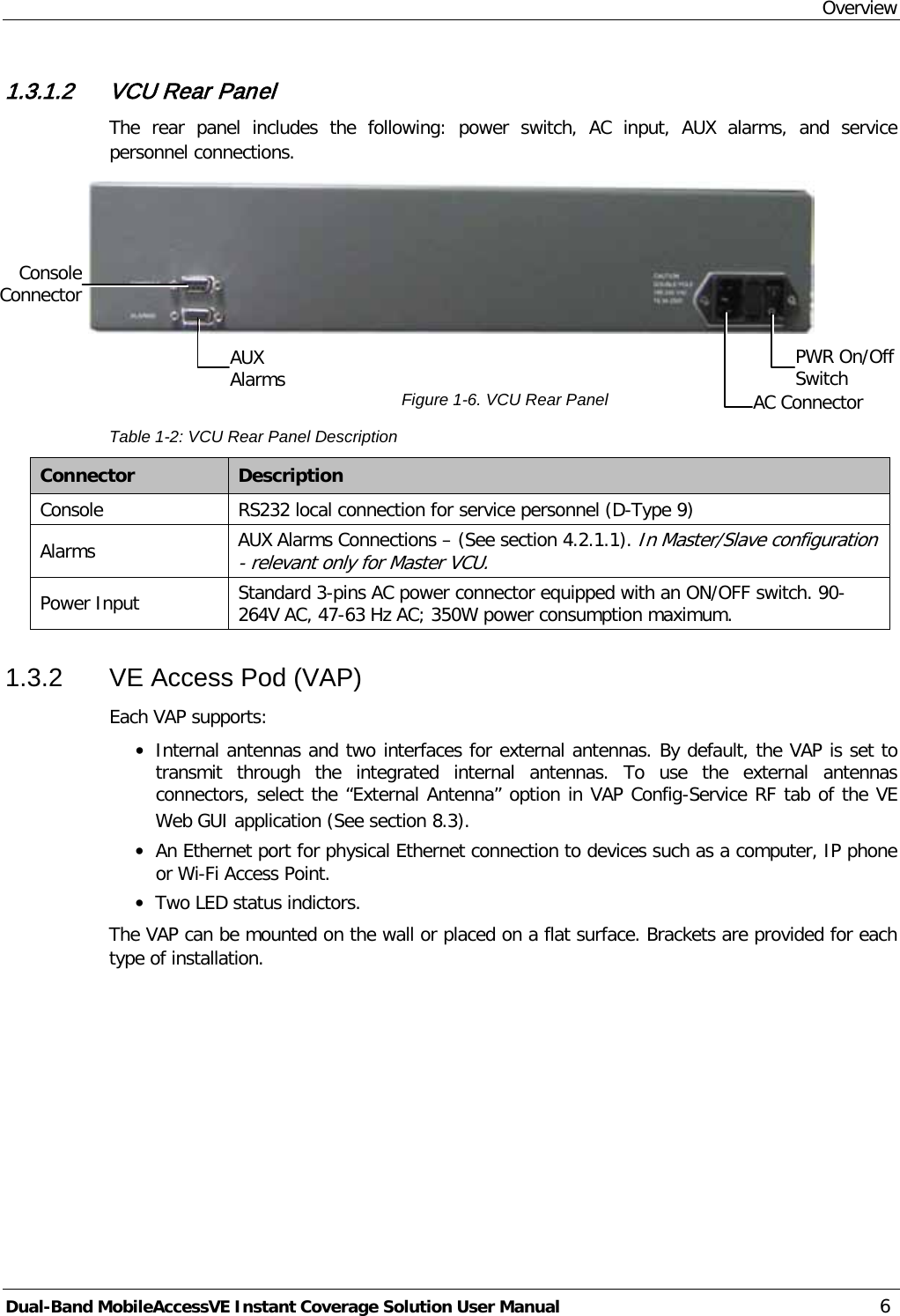 Overview Dual-Band MobileAccessVE Instant Coverage Solution User Manual 6 1.3.1.2 VCU Rear Panel The rear panel includes the following:  power  switch,  AC  input, AUX alarms,  and service personnel connections.   Figure  1-6. VCU Rear Panel Table  1-2: VCU Rear Panel Description Connector Description Console RS232 local connection for service personnel (D-Type 9) Alarms  AUX Alarms Connections – (See section  4.2.1.1). In Master/Slave configuration - relevant only for Master VCU. Power Input Standard 3-pins AC power connector equipped with an ON/OFF switch. 90-264V AC, 47-63 Hz AC; 350W power consumption maximum. 1.3.2  VE Access Pod (VAP) Each VAP supports: · Internal antennas and two interfaces for external antennas. By default, the VAP is set to transmit through the integrated internal antennas. To use the external antennas connectors, select the “External Antenna” option in VAP Config-Service RF tab of the VE Web GUI application (See section  8.3). · An Ethernet port for physical Ethernet connection to devices such as a computer, IP phone or Wi-Fi Access Point. · Two LED status indictors. The VAP can be mounted on the wall or placed on a flat surface. Brackets are provided for each type of installation.   PWR On/Off Switch AC Connector AUX Alarms Console Connector 