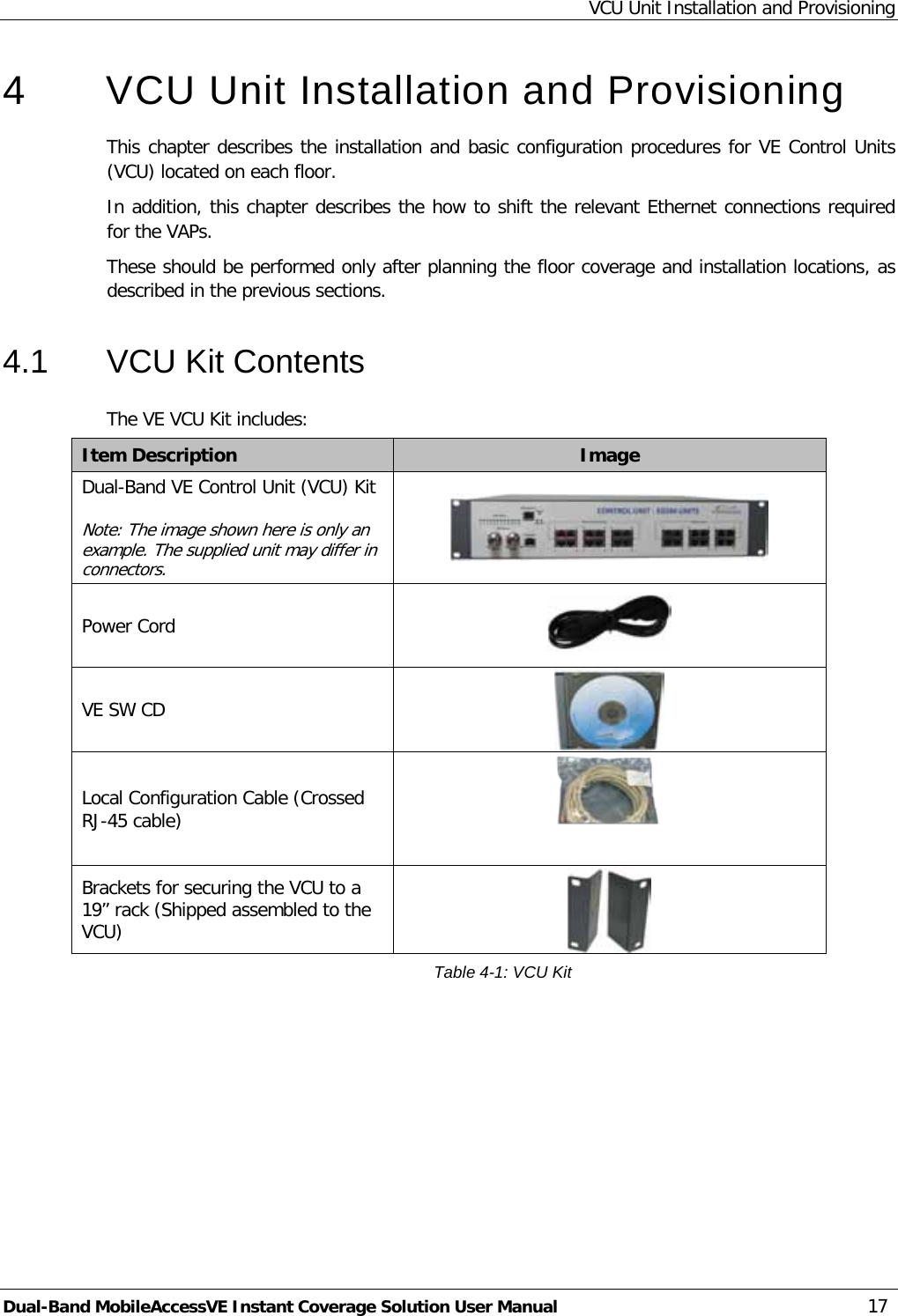VCU Unit Installation and Provisioning Dual-Band MobileAccessVE Instant Coverage Solution User Manual 17 4  VCU Unit Installation and Provisioning This chapter describes the installation and basic configuration procedures for VE Control Units (VCU) located on each floor.  In addition, this chapter describes the how to shift the relevant Ethernet connections required for the VAPs.  These should be performed only after planning the floor coverage and installation locations, as described in the previous sections. 4.1  VCU Kit Contents The VE VCU Kit includes: Item Description Image Dual-Band VE Control Unit (VCU) Kit  Note: The image shown here is only an example. The supplied unit may differ in connectors.    Power Cord  VE SW CD  Local Configuration Cable (Crossed RJ-45 cable)  Brackets for securing the VCU to a 19” rack (Shipped assembled to the VCU)  Table  4-1: VCU Kit  