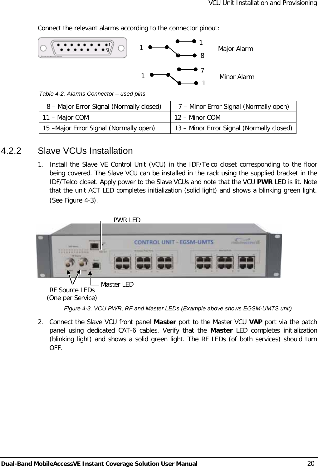 VCU Unit Installation and Provisioning Dual-Band MobileAccessVE Instant Coverage Solution User Manual 20 Connect the relevant alarms according to the connector pinout:     Table  4-2. Alarms Connector – used pins   8 – Major Error Signal (Normally closed)   7 – Minor Error Signal (Normally open) 11 – Major COM  12 – Minor COM 15 –Major Error Signal (Normally open) 13 – Minor Error Signal (Normally closed) 4.2.2  Slave VCUs Installation 1.  Install the Slave VE Control Unit (VCU) in the IDF/Telco closet corresponding to the floor being covered. The Slave VCU can be installed in the rack using the supplied bracket in the IDF/Telco closet. Apply power to the Slave VCUs and note that the VCU PWR LED is lit. Note that the unit ACT LED completes initialization (solid light) and shows a blinking green light. (See Figure  4-3).           Figure  4-3. VCU PWR, RF and Master LEDs (Example above shows EGSM-UMTS unit) 2.  Connect the Slave VCU front panel Master port to the Master VCU VAP port via the patch panel  using dedicated CAT-6 cables. Verify that the Master LED completes initialization (blinking light) and shows a solid green light. The RF LEDs (of both services) should turn OFF.  PWR LED   Master LED  RF Source LEDs  (One per Service) 1 1 8  Major Alarm 1 7 1 Minor Alarm 