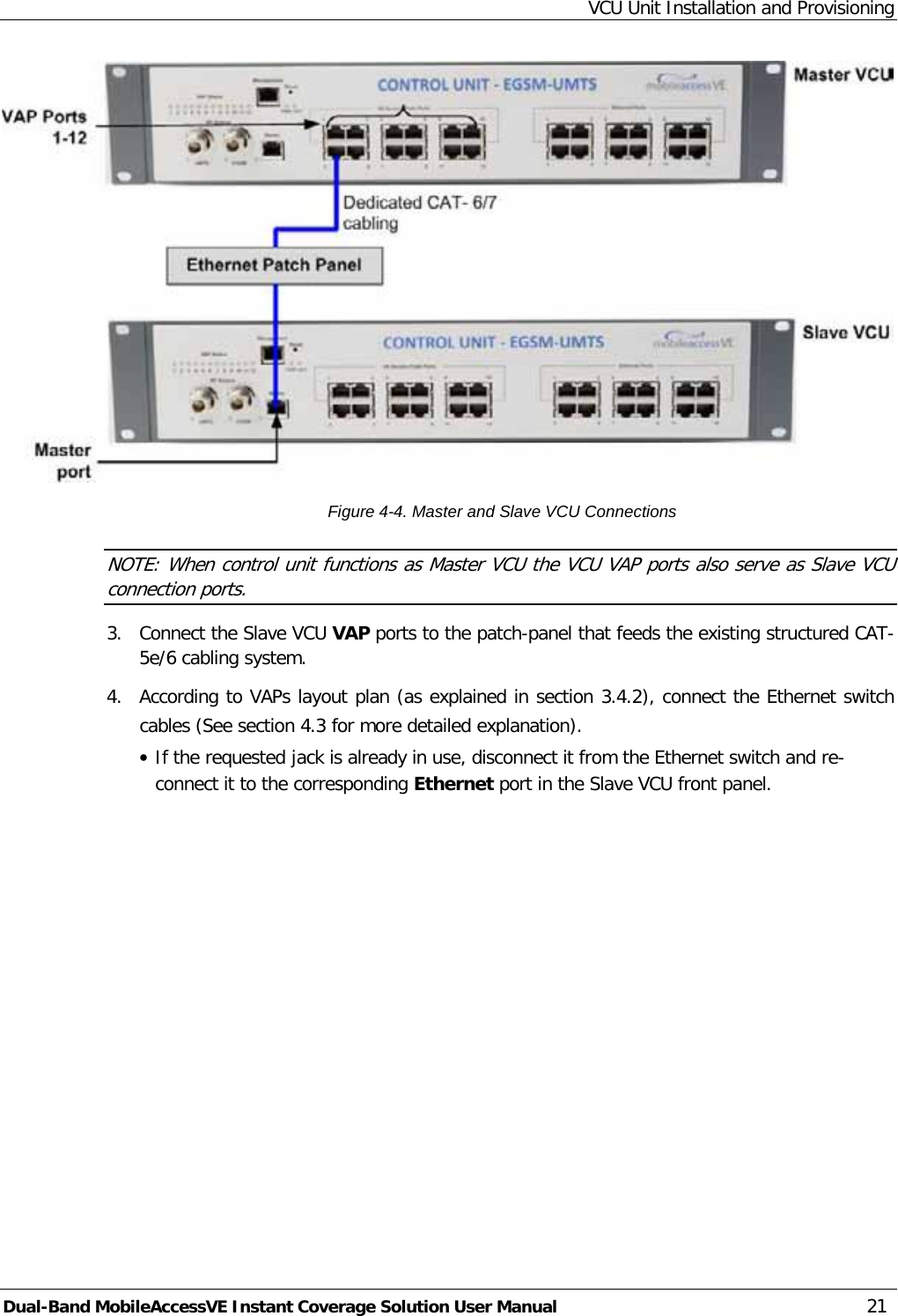 VCU Unit Installation and Provisioning Dual-Band MobileAccessVE Instant Coverage Solution User Manual 21  Figure  4-4. Master and Slave VCU Connections NOTE: When control unit functions as Master VCU the VCU VAP ports also serve as Slave VCU connection ports. 3.  Connect the Slave VCU VAP ports to the patch-panel that feeds the existing structured CAT-5e/6 cabling system. 4.  According to VAPs layout plan (as explained in section  3.4.2), connect the Ethernet switch cables (See section  4.3 for more detailed explanation). · If the requested jack is already in use, disconnect it from the Ethernet switch and re-connect it to the corresponding Ethernet port in the Slave VCU front panel. 