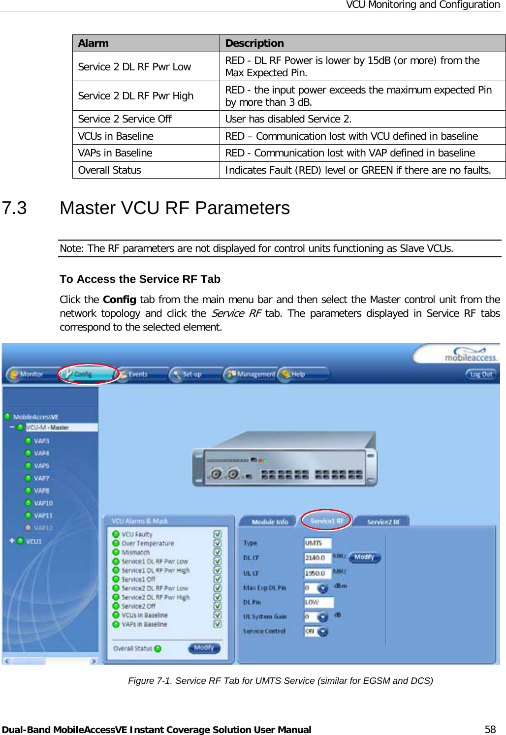 VCU Monitoring and Configuration Dual-Band MobileAccessVE Instant Coverage Solution User Manual 58 Alarm Description Service 2 DL RF Pwr Low RED - DL RF Power is lower by 15dB (or more) from the Max Expected Pin. Service 2 DL RF Pwr High RED - the input power exceeds the maximum expected Pin by more than 3 dB.  Service 2 Service Off User has disabled Service 2. VCUs in Baseline RED – Communication lost with VCU defined in baseline  VAPs in Baseline RED - Communication lost with VAP defined in baseline Overall Status Indicates Fault (RED) level or GREEN if there are no faults. 7.3  Master VCU RF Parameters Note: The RF parameters are not displayed for control units functioning as Slave VCUs.  To Access the Service RF Tab Click the Config tab from the main menu bar and then select the Master control unit from the network topology and click the Service RF tab. The parameters displayed in Service RF tabs correspond to the selected element.  Figure  7-1. Service RF Tab for UMTS Service (similar for EGSM and DCS) 