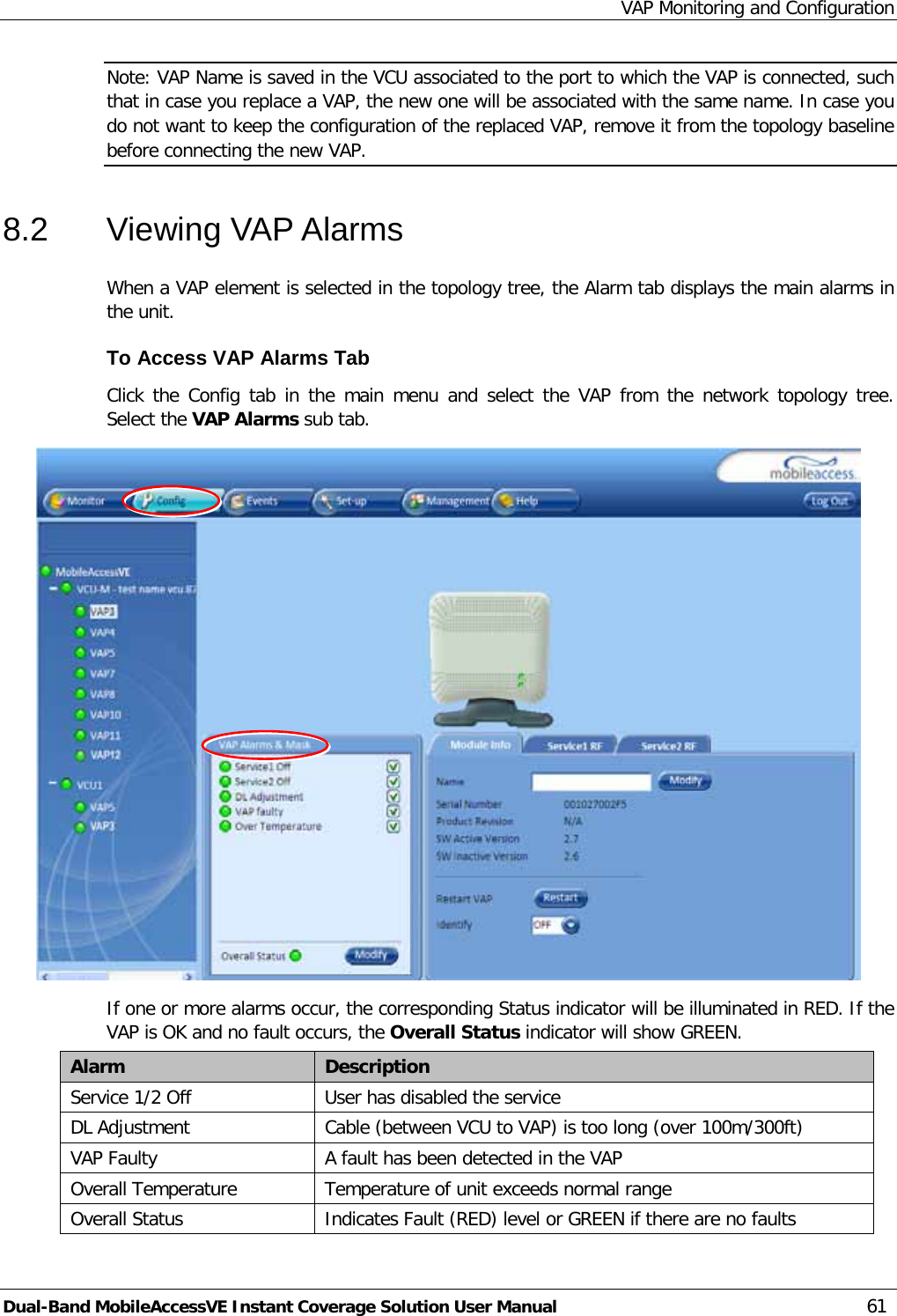 VAP Monitoring and Configuration Dual-Band MobileAccessVE Instant Coverage Solution User Manual 61 Note: VAP Name is saved in the VCU associated to the port to which the VAP is connected, such that in case you replace a VAP, the new one will be associated with the same name. In case you do not want to keep the configuration of the replaced VAP, remove it from the topology baseline before connecting the new VAP. 8.2  Viewing VAP Alarms  When a VAP element is selected in the topology tree, the Alarm tab displays the main alarms in the unit. To Access VAP Alarms Tab  Click the Config tab in the main menu and select the VAP from the network topology tree.  Select the VAP Alarms sub tab.  If one or more alarms occur, the corresponding Status indicator will be illuminated in RED. If the VAP is OK and no fault occurs, the Overall Status indicator will show GREEN. Alarm Description Service 1/2 Off User has disabled the service DL Adjustment Cable (between VCU to VAP) is too long (over 100m/300ft)  VAP Faulty A fault has been detected in the VAP Overall Temperature Temperature of unit exceeds normal range Overall Status Indicates Fault (RED) level or GREEN if there are no faults 