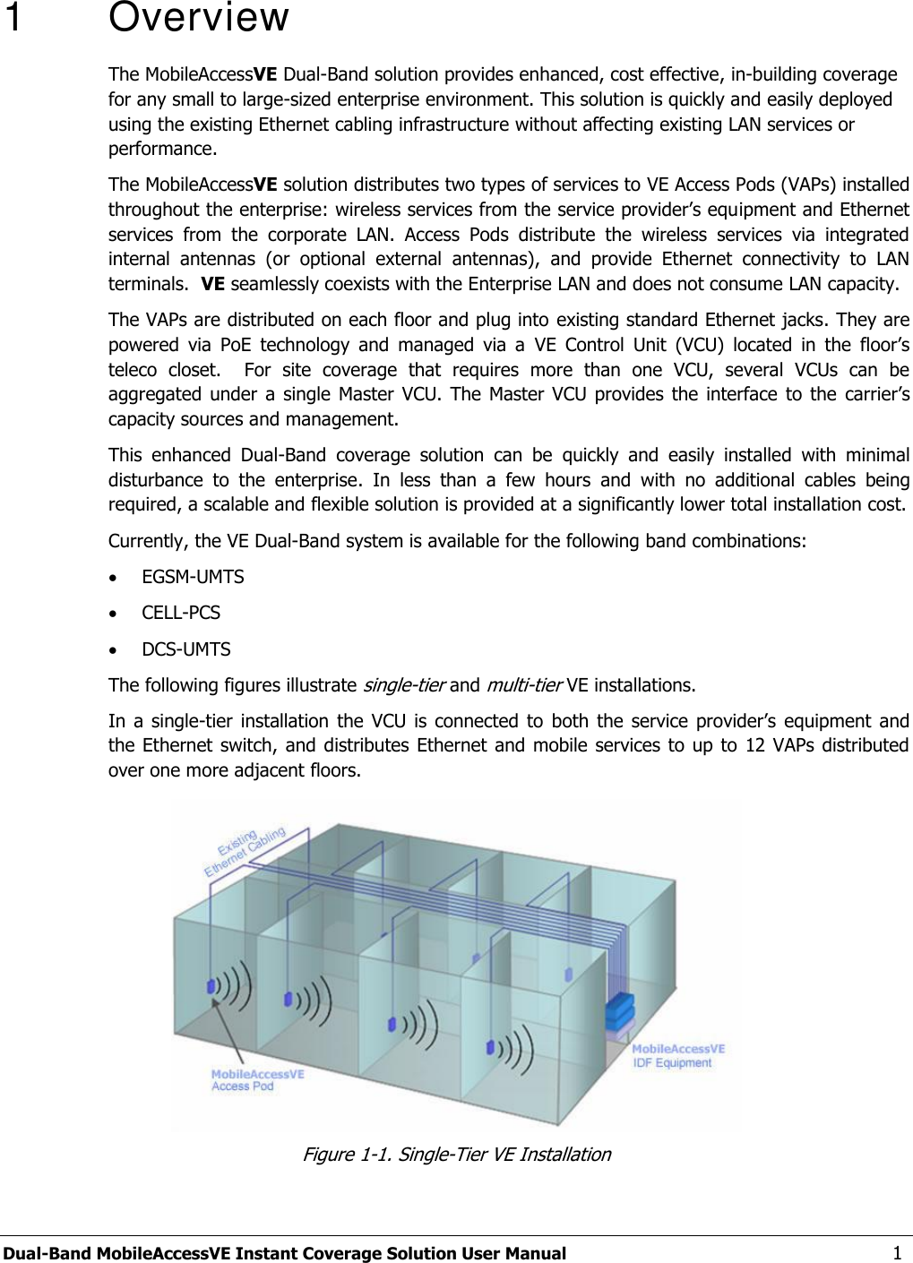  Dual-Band MobileAccessVE Instant Coverage Solution User Manual  1 1   Overview The MobileAccessVE Dual-Band solution provides enhanced, cost effective, in-building coverage for any small to large-sized enterprise environment. This solution is quickly and easily deployed using the existing Ethernet cabling infrastructure without affecting existing LAN services or performance.  The MobileAccessVE solution distributes two types of services to VE Access Pods (VAPs) installed throughout the enterprise: wireless services from the service provider’s equipment and Ethernet services  from  the  corporate  LAN.  Access  Pods  distribute  the  wireless  services  via  integrated internal  antennas  (or  optional  external  antennas),  and  provide  Ethernet  connectivity  to  LAN terminals.  VE seamlessly coexists with the Enterprise LAN and does not consume LAN capacity. The VAPs are distributed on each floor and plug into existing standard Ethernet jacks. They are powered  via  PoE  technology  and  managed  via  a  VE Control  Unit  (VCU)  located  in  the  floor’s teleco  closet.    For  site  coverage  that  requires  more  than  one  VCU,  several  VCUs  can  be aggregated  under a  single  Master VCU.  The  Master VCU  provides  the interface  to the  carrier’s capacity sources and management. This  enhanced  Dual-Band  coverage  solution  can  be  quickly  and  easily  installed  with  minimal disturbance  to  the  enterprise.  In  less  than  a  few  hours  and  with  no  additional  cables  being required, a scalable and flexible solution is provided at a significantly lower total installation cost. Currently, the VE Dual-Band system is available for the following band combinations:   EGSM-UMTS  CELL-PCS  DCS-UMTS The following figures illustrate single-tier and multi-tier VE installations. In a  single-tier installation  the VCU  is connected  to  both the  service provider’s  equipment  and the Ethernet  switch, and  distributes Ethernet  and mobile services to up to  12 VAPs distributed over one more adjacent floors.  Figure 1-1. Single-Tier VE Installation 