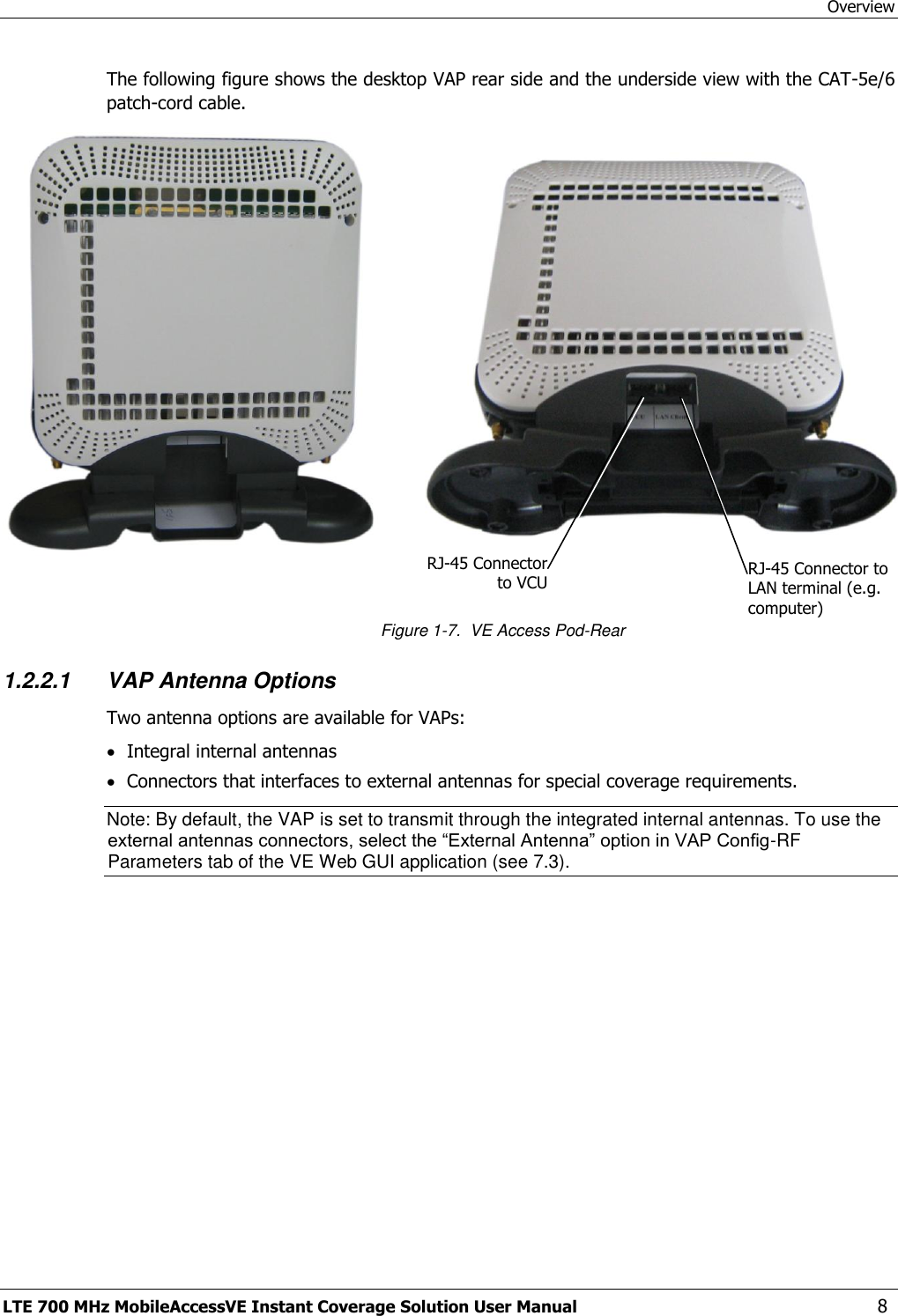 Overview LTE 700 MHz MobileAccessVE Instant Coverage Solution User Manual  8 The following figure shows the desktop VAP rear side and the underside view with the CAT-5e/6 patch-cord cable.   Figure 1-7.  VE Access Pod-Rear 1.2.2.1 VAP Antenna Options Two antenna options are available for VAPs:  Integral internal antennas  Connectors that interfaces to external antennas for special coverage requirements. Note: By default, the VAP is set to transmit through the integrated internal antennas. To use the external antennas connectors, select the “External Antenna” option in VAP Config-RF Parameters tab of the VE Web GUI application (see 7.3). RJ-45 Connector to VCU  RJ-45 Connector to LAN terminal (e.g. computer)  