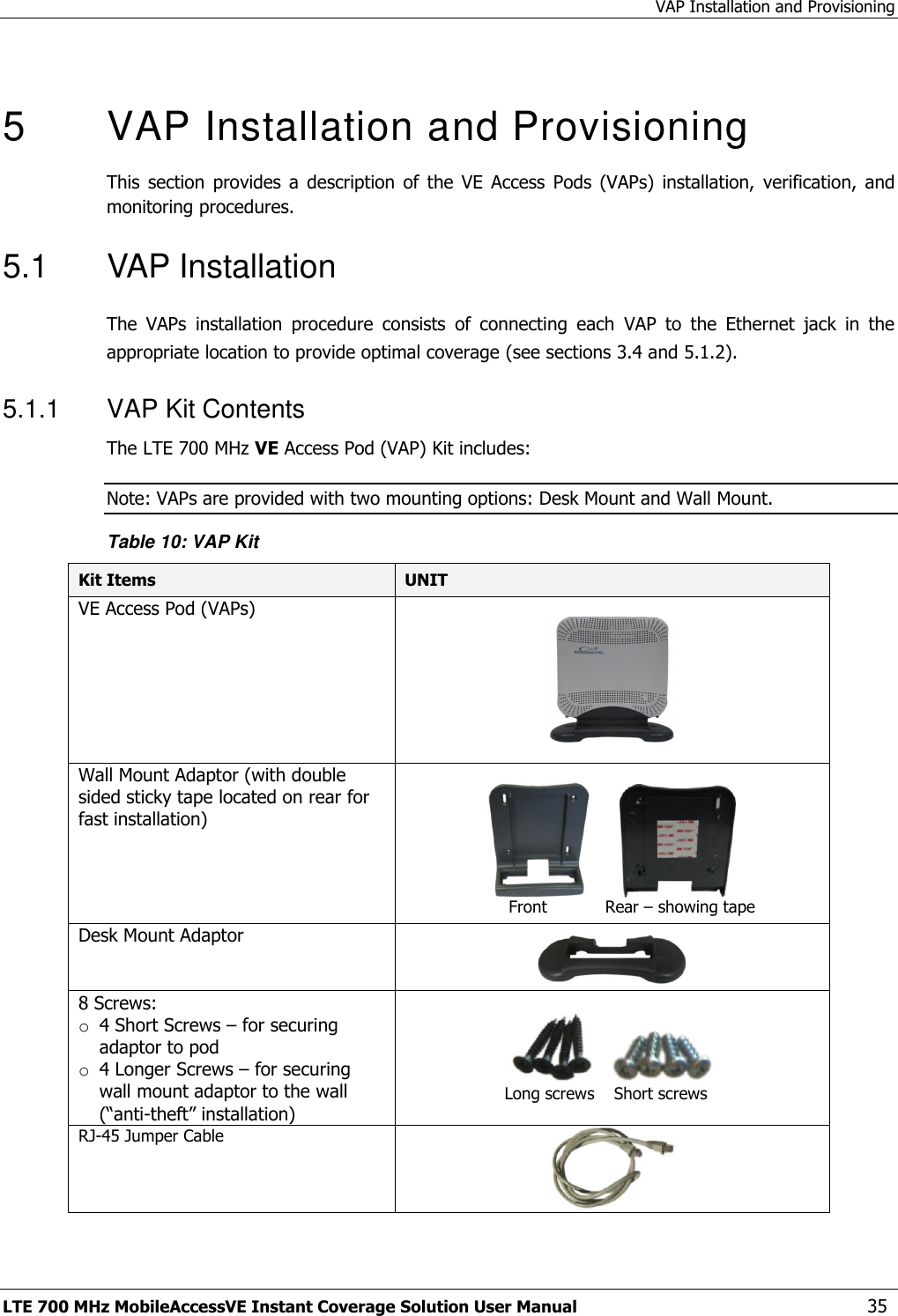 VAP Installation and Provisioning LTE 700 MHz MobileAccessVE Instant Coverage Solution User Manual  35  5  VAP Installation and Provisioning This  section  provides  a  description  of  the  VE  Access  Pods (VAPs)  installation,  verification,  and monitoring procedures. 5.1  VAP Installation The  VAPs  installation  procedure  consists  of  connecting  each  VAP  to  the  Ethernet  jack  in  the appropriate location to provide optimal coverage (see sections 3.4 and 5.1.2). 5.1.1  VAP Kit Contents The LTE 700 MHz VE Access Pod (VAP) Kit includes:  Note: VAPs are provided with two mounting options: Desk Mount and Wall Mount. Table 10: VAP Kit Kit Items UNIT  VE Access Pod (VAPs)                         Wall Mount Adaptor (with double sided sticky tape located on rear for fast installation)                       Desk Mount Adaptor  8 Screws: o 4 Short Screws – for securing adaptor to pod o 4 Longer Screws – for securing wall mount adaptor to the wall (“anti-theft” installation)           RJ-45 Jumper Cable  Front Rear – showing tape  Long screws Short screws 