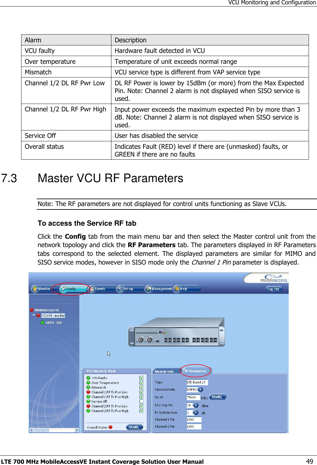 VCU Monitoring and Configuration LTE 700 MHz MobileAccessVE Instant Coverage Solution User Manual  49  Alarm Description VCU faulty Hardware fault detected in VCU Over temperature Temperature of unit exceeds normal range Mismatch VCU service type is different from VAP service type Channel 1/2 DL RF Pwr Low   DL RF Power is lower by 15dBm (or more) from the Max Expected Pin. Note: Channel 2 alarm is not displayed when SISO service is used. Channel 1/2 DL RF Pwr High Input power exceeds the maximum expected Pin by more than 3 dB. Note: Channel 2 alarm is not displayed when SISO service is used. Service Off User has disabled the service Overall status Indicates Fault (RED) level if there are (unmasked) faults, or GREEN if there are no faults 7.3  Master VCU RF Parameters Note: The RF parameters are not displayed for control units functioning as Slave VCUs.  To access the Service RF tab Click the Config tab from the main menu bar and then select the Master control unit from the network topology and click the RF Parameters tab. The parameters displayed in RF Parameters tabs  correspond  to  the  selected  element.  The  displayed  parameters  are  similar  for  MIMO  and SISO service modes, however in SISO mode only the Channel 1 Pin parameter is displayed.  