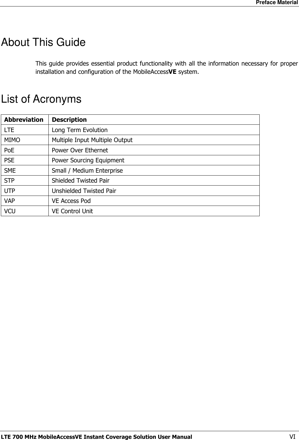 Preface Material LTE 700 MHz MobileAccessVE Instant Coverage Solution User Manual  VI About This Guide This guide provides essential product functionality with all the information necessary for proper installation and configuration of the MobileAccessVE system. List of Acronyms Abbreviation Description LTE Long Term Evolution MIMO Multiple Input Multiple Output PoE Power Over Ethernet PSE Power Sourcing Equipment SME Small / Medium Enterprise STP Shielded Twisted Pair UTP Unshielded Twisted Pair VAP VE Access Pod VCU VE Control Unit  