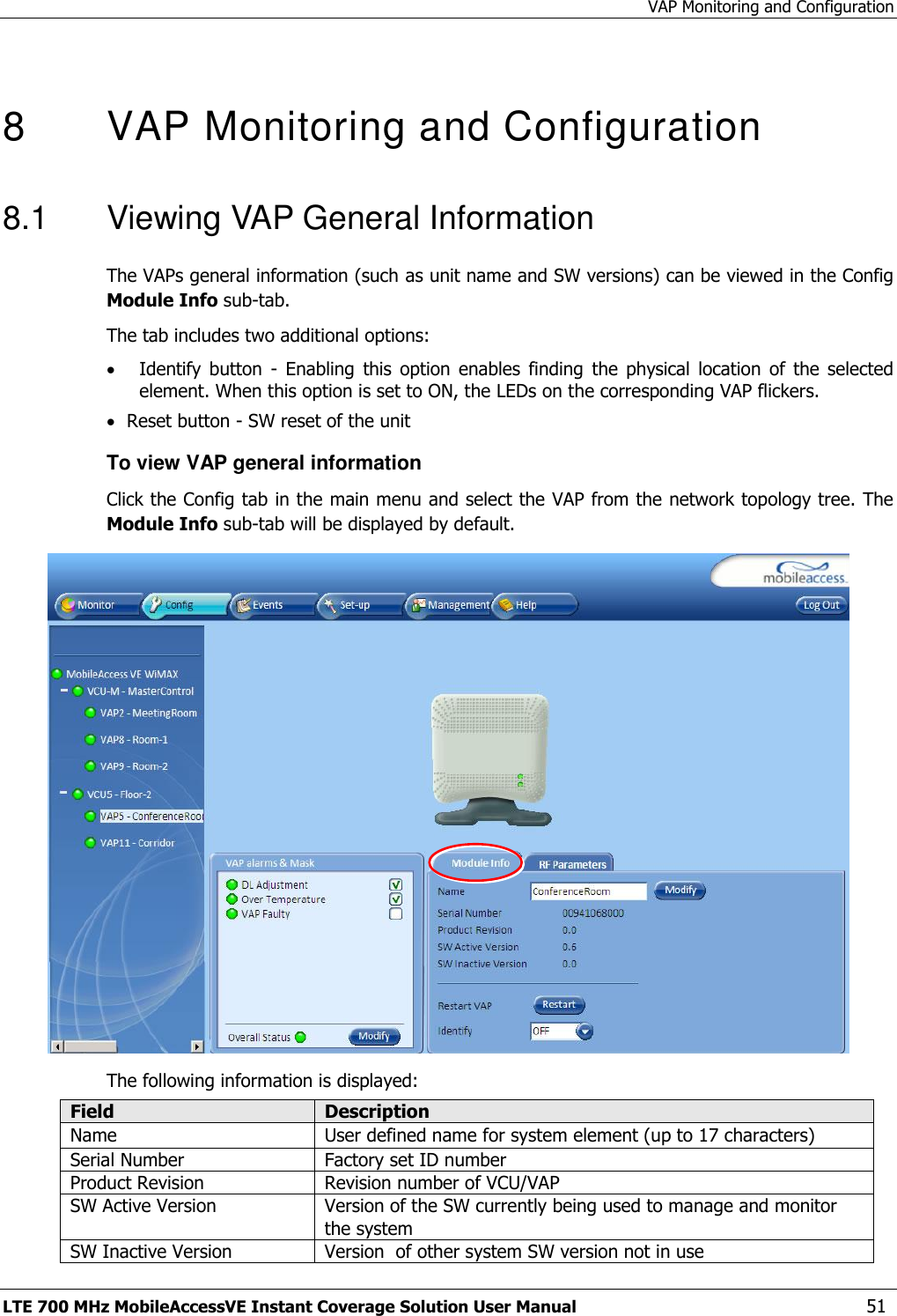 VAP Monitoring and Configuration LTE 700 MHz MobileAccessVE Instant Coverage Solution User Manual  51  8  VAP Monitoring and Configuration  8.1  Viewing VAP General Information The VAPs general information (such as unit name and SW versions) can be viewed in the Config Module Info sub-tab. The tab includes two additional options:  Identify  button  -  Enabling  this  option  enables  finding  the  physical  location  of  the  selected element. When this option is set to ON, the LEDs on the corresponding VAP flickers.  Reset button - SW reset of the unit To view VAP general information Click the Config tab in the main menu and select the VAP from the network topology tree. The Module Info sub-tab will be displayed by default.  The following information is displayed: Field Description Name User defined name for system element (up to 17 characters) Serial Number Factory set ID number Product Revision Revision number of VCU/VAP SW Active Version Version of the SW currently being used to manage and monitor the system SW Inactive Version Version  of other system SW version not in use 