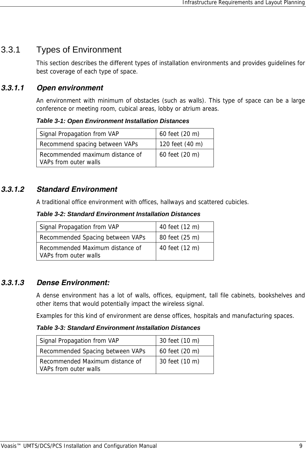 Infrastructure Requirements and Layout Planning Voasis™ UMTS/DCS/PCS Installation and Configuration Manual  9  3.3.1 Types of Environment This section describes the different types of installation environments and provides guidelines for best coverage of each type of space. 3.3.1.1 Open environment An environment with minimum of obstacles (such as walls). This type of space can be a large conference or meeting room, cubical areas, lobby or atrium areas. Table  3-1: Open Environment Installation Distances Signal Propagation from VAP  60 feet (20 m) Recommend spacing between VAPs  120 feet (40 m) Recommended maximum distance of VAPs from outer walls  60 feet (20 m)  3.3.1.2 Standard Environment A traditional office environment with offices, hallways and scattered cubicles. Table  3-2: Standard Environment Installation Distances Signal Propagation from VAP  40 feet (12 m) Recommended Spacing between VAPs  80 feet (25 m) Recommended Maximum distance of VAPs from outer walls  40 feet (12 m)  3.3.1.3 Dense Environment: A dense environment has a lot of walls, offices, equipment, tall file cabinets, bookshelves and other items that would potentially impact the wireless signal. Examples for this kind of environment are dense offices, hospitals and manufacturing spaces. Table  3-3: Standard Environment Installation Distances Signal Propagation from VAP  30 feet (10 m) Recommended Spacing between VAPs  60 feet (20 m) Recommended Maximum distance of VAPs from outer walls  30 feet (10 m)  